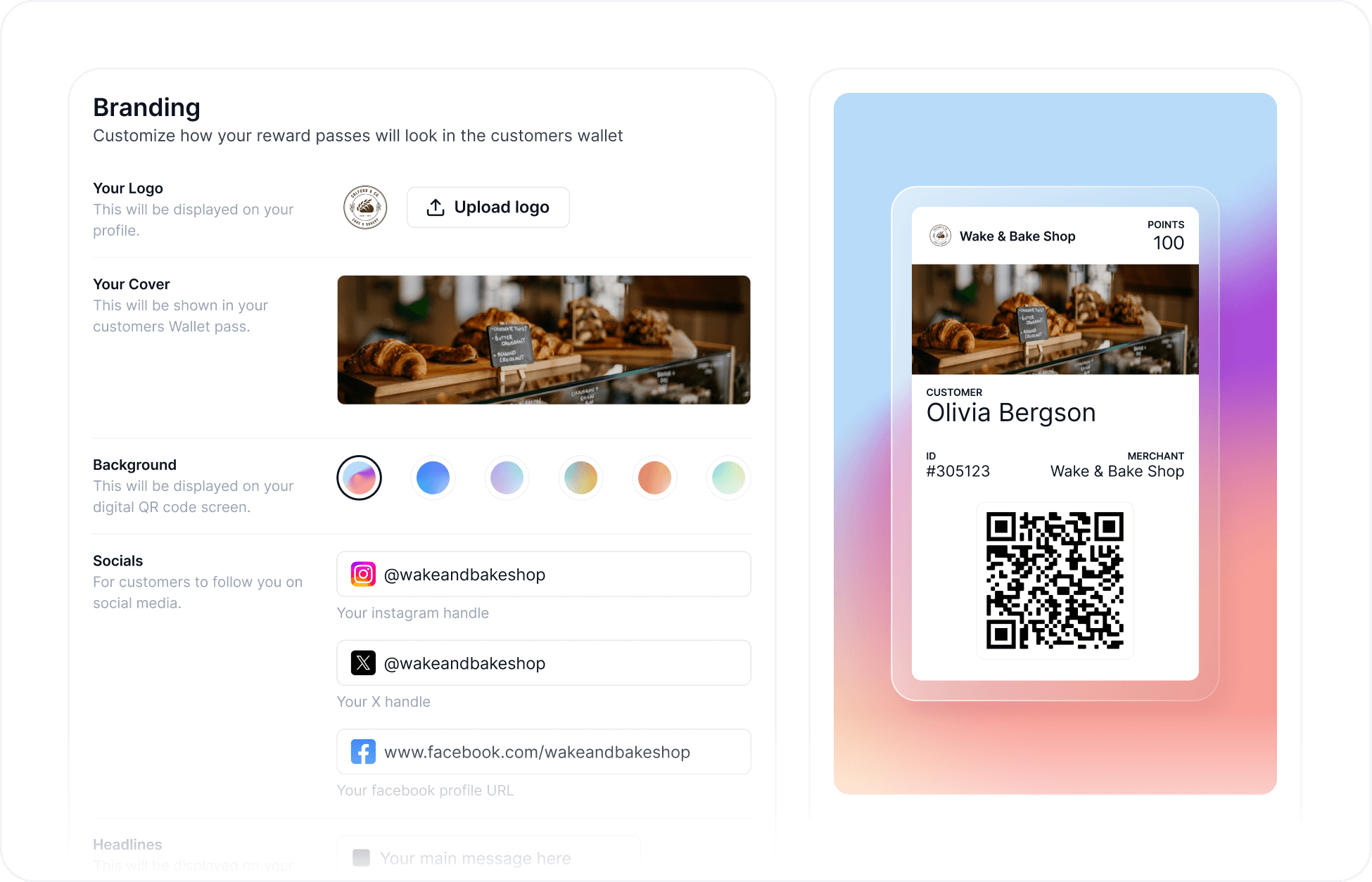 Worthify branding settings screen with custom logo, cover image, and digital wallet pass preview for a personalized customer rewards program