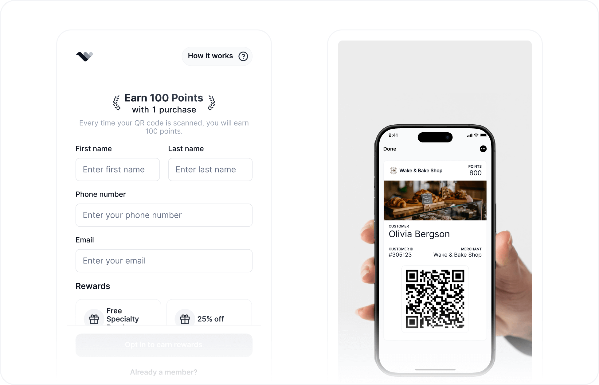 Mobile wallet pass sign-up flow showing QR code, customer form, and Apple Wallet pass preview for joining a rewards program without an app