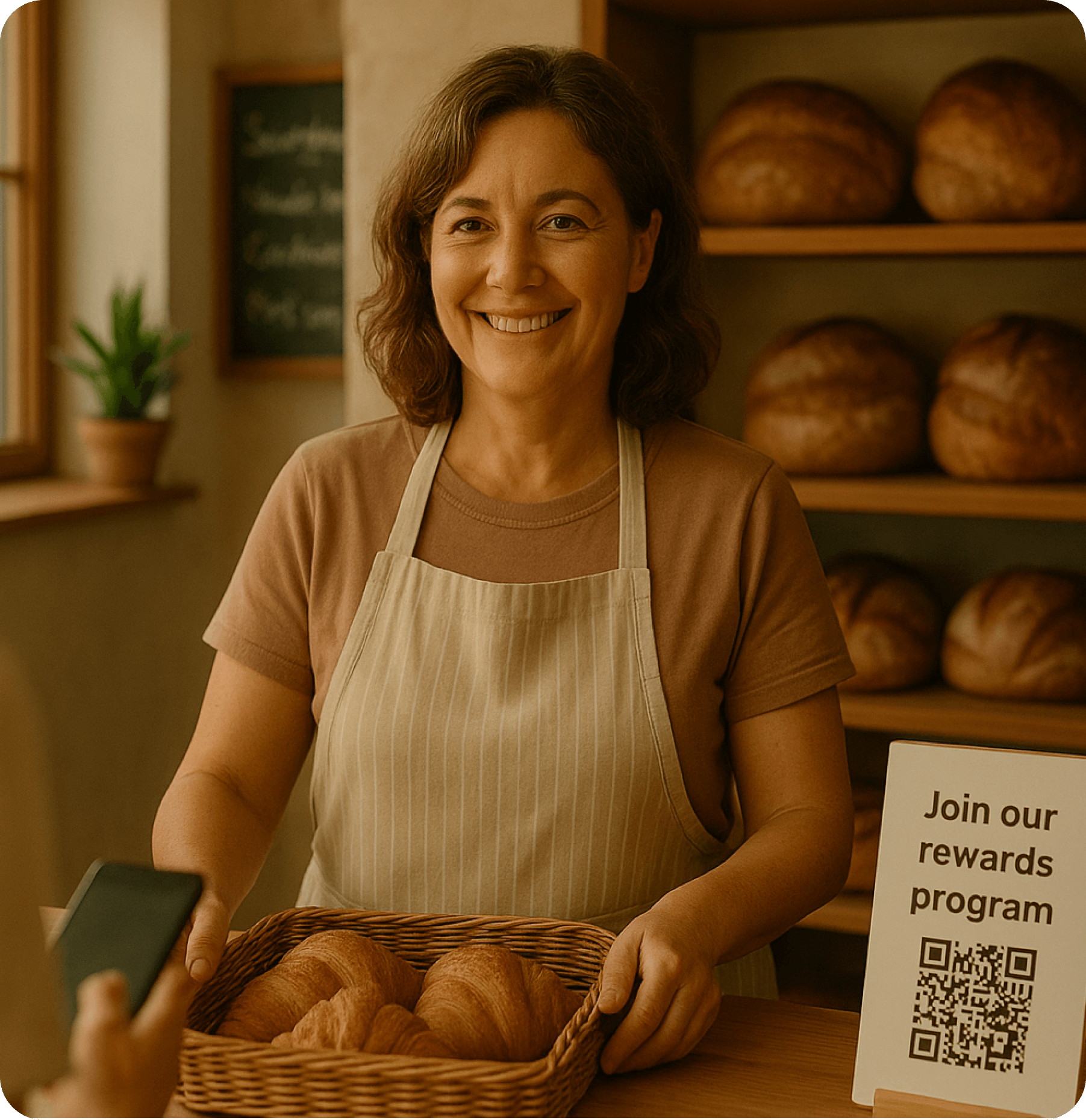 Smiling customer in a boutique retail store using her phone to engage with a digital loyalty and rewards program at checkout.
