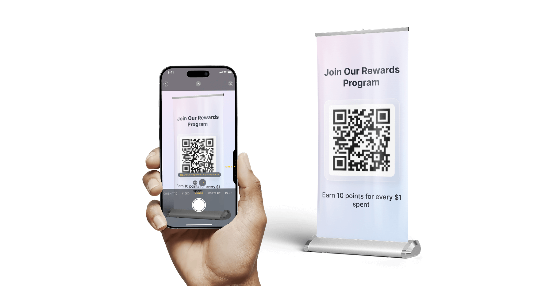 Boutique shopper scanning Worthify QR code in-store to instantly join the loyalty program.