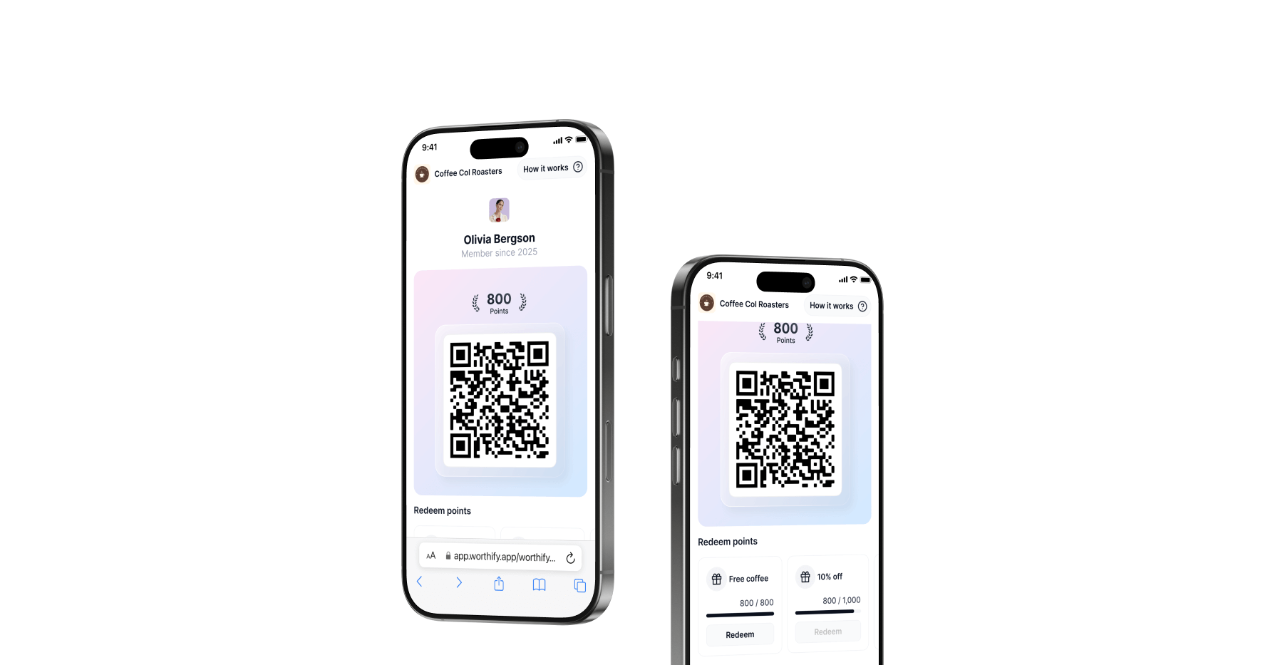 Customer earning café loyalty points and rewards with Worthify digital wallet pass.