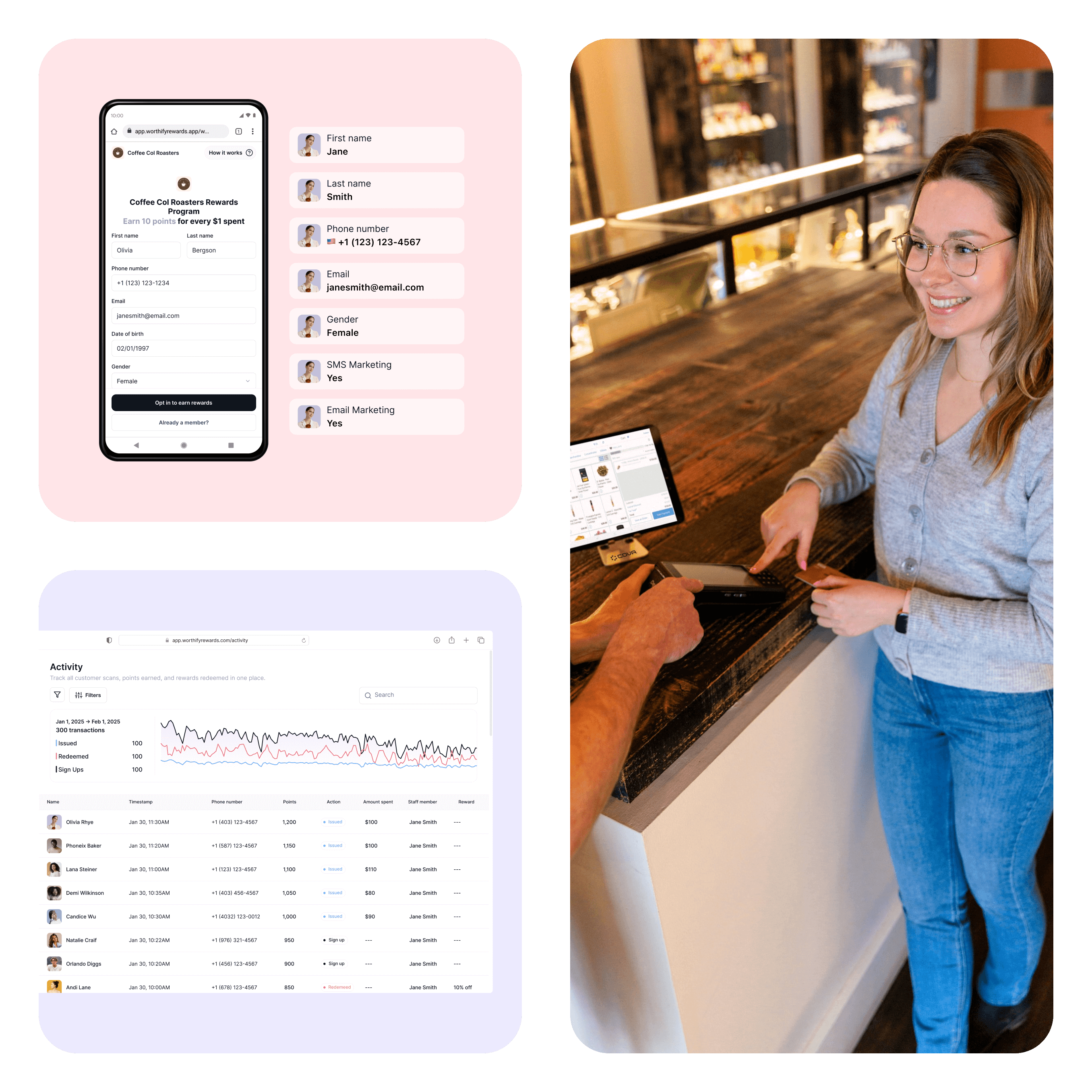 Worthify dashboard showing customer profiles, spending, and activity logs that help businesses track retention and growth.
