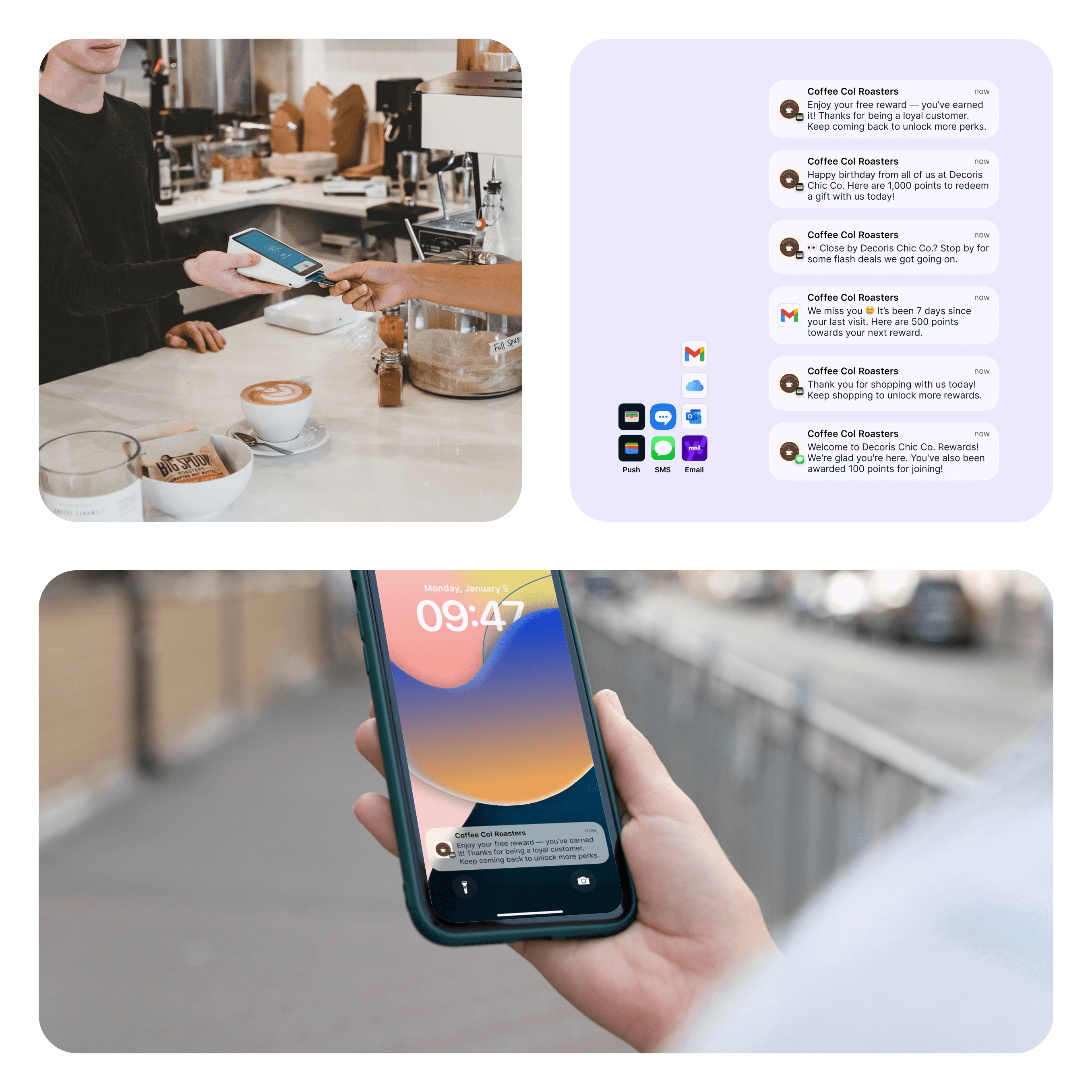 Customer receiving Worthify café loyalty notifications and personalized offers through SMS, email, and wallet push messages.