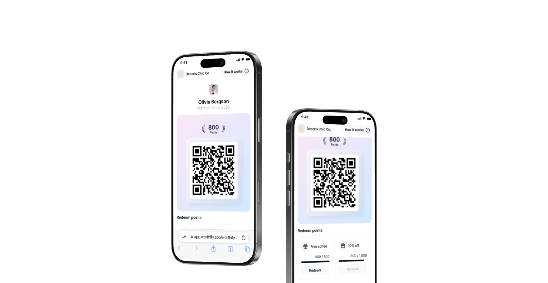 Worthify wallet pass showing earned points and rewards for repeat visits and purchases.