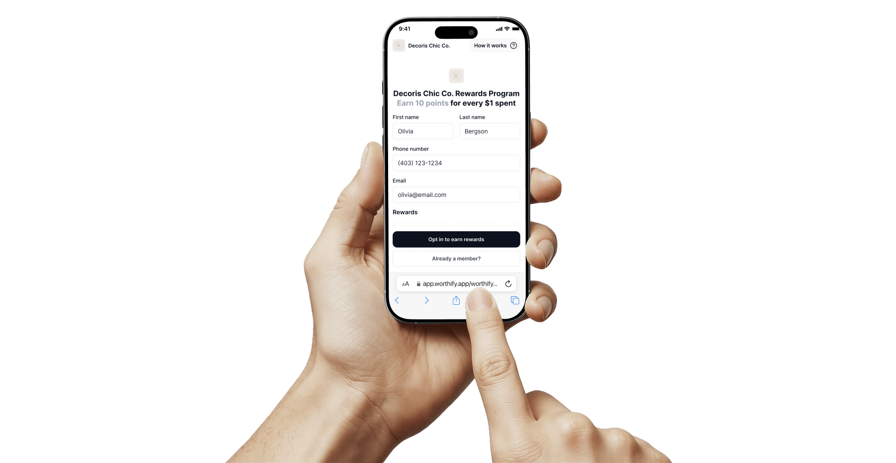 Worthify mobile sign-up form collecting customer name, email, phone, and birthday for loyalty rewards.