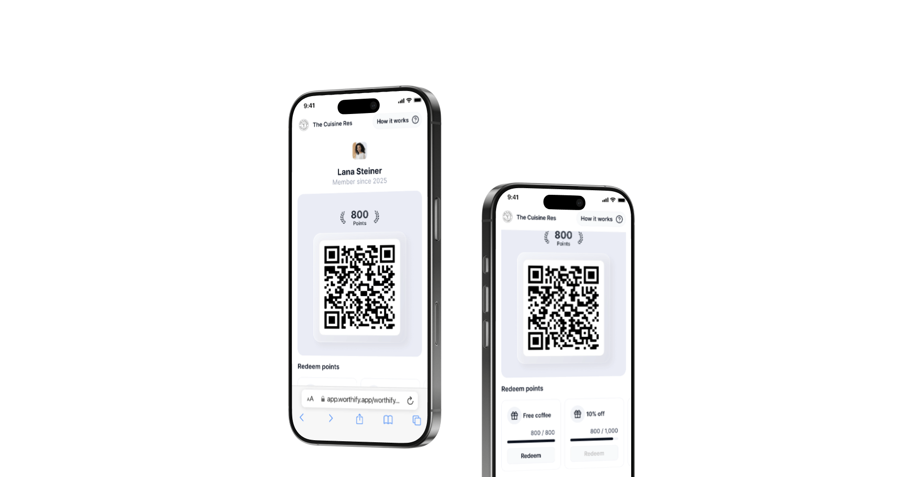 Guest earning restaurant loyalty points and rewards with Worthify digital wallet pass.
