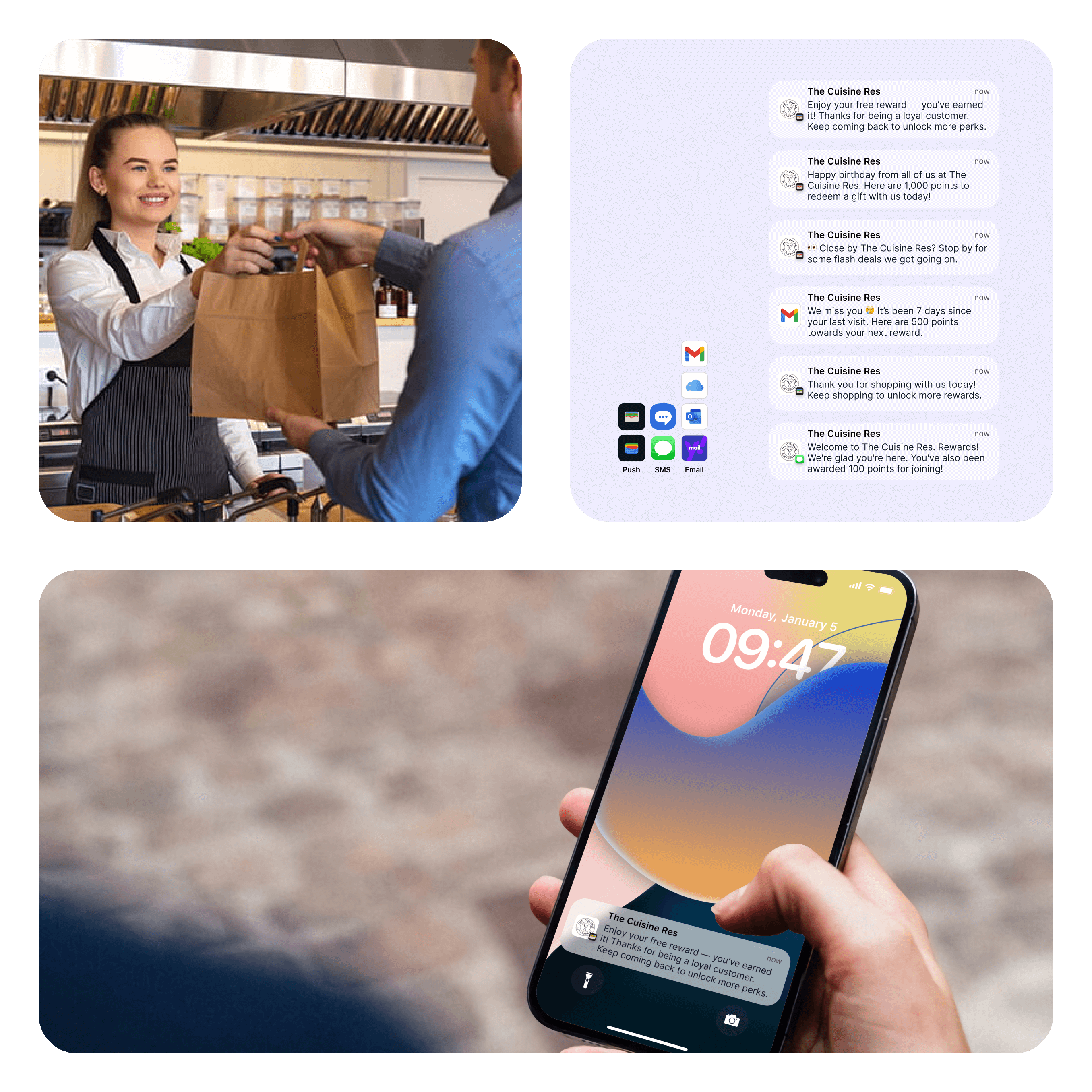 Restaurant diners receiving Worthify loyalty notifications and personalized offers through SMS, email, and wallet push messages.