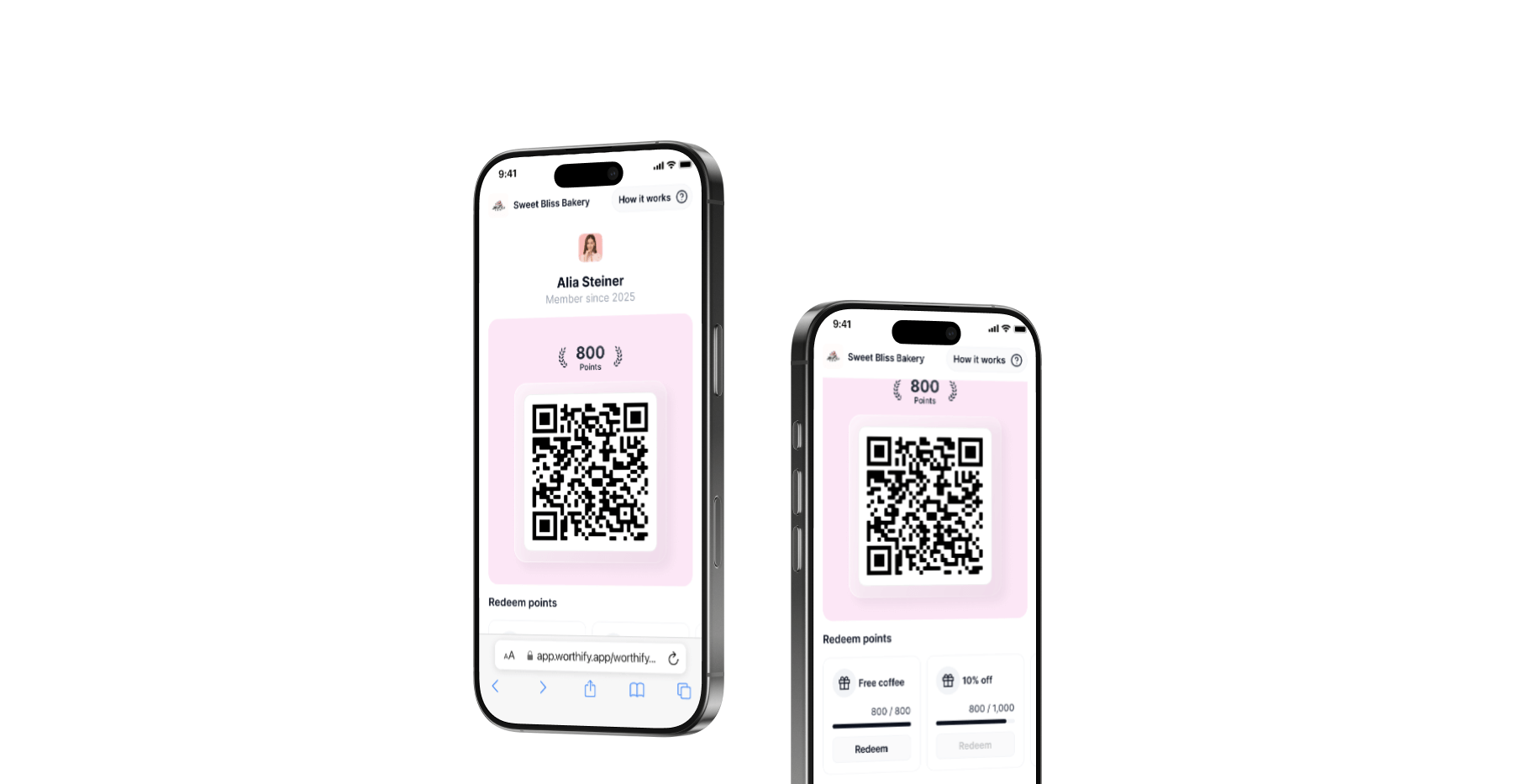 Customer earning bakery loyalty points and rewards with Worthify digital wallet pass.