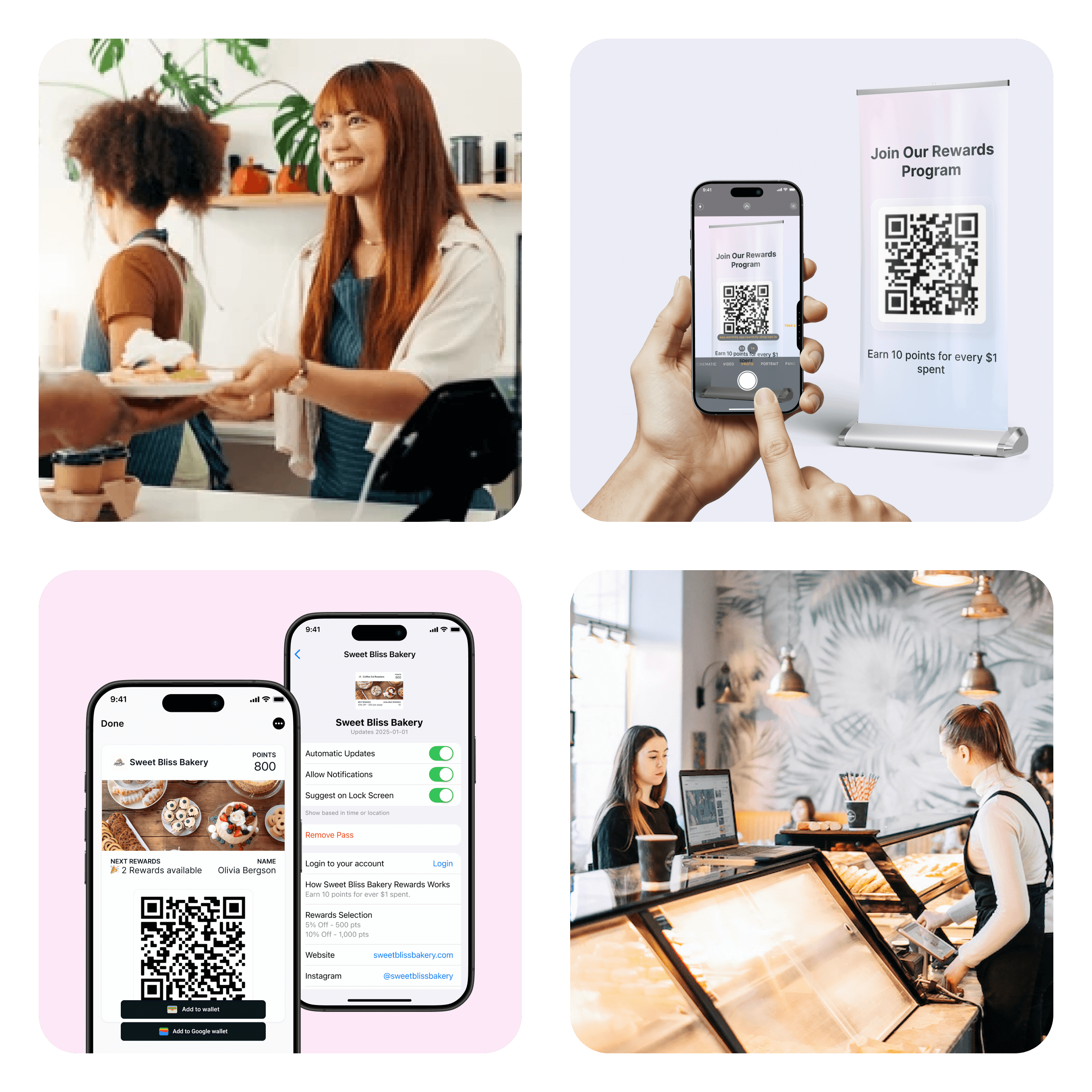 Worthify digital loyalty tools for bakeries with QR code sign-up, branded wallet passes, and flexible rewards replacing outdated punch cards.