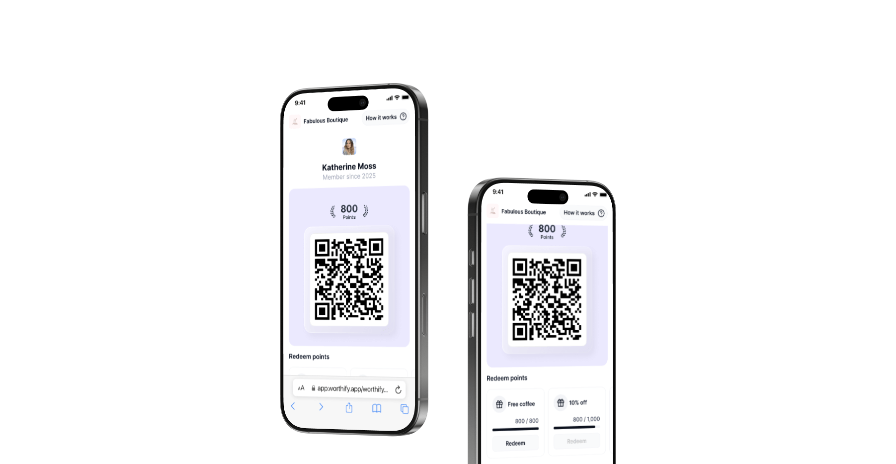 Customer earning boutique loyalty points and rewards with Worthify digital wallet pass.