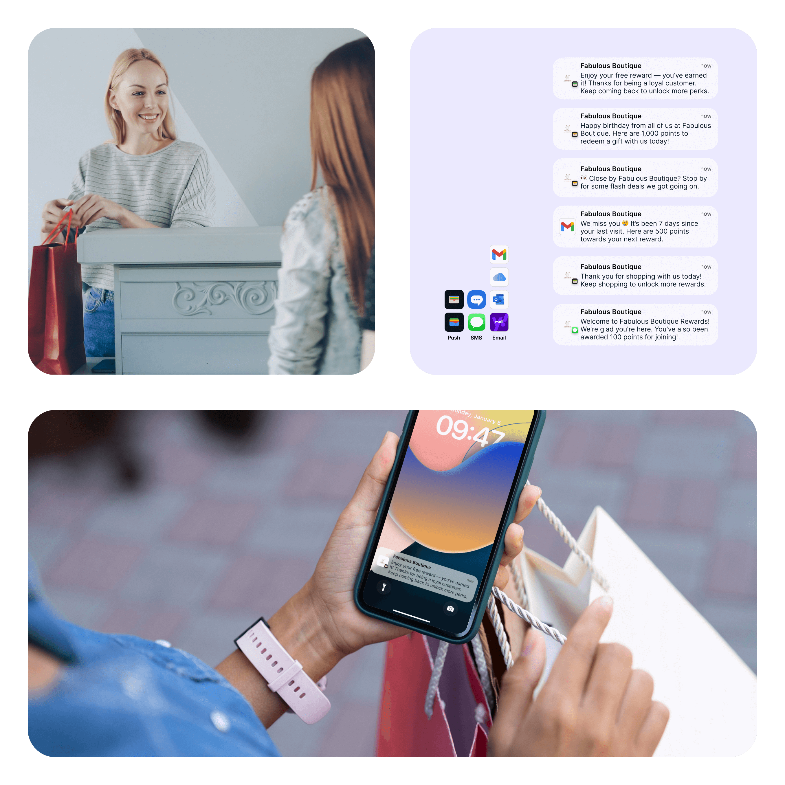 Boutique shoppers receiving Worthify loyalty notifications and personalized offers through SMS, email, and wallet push messages.