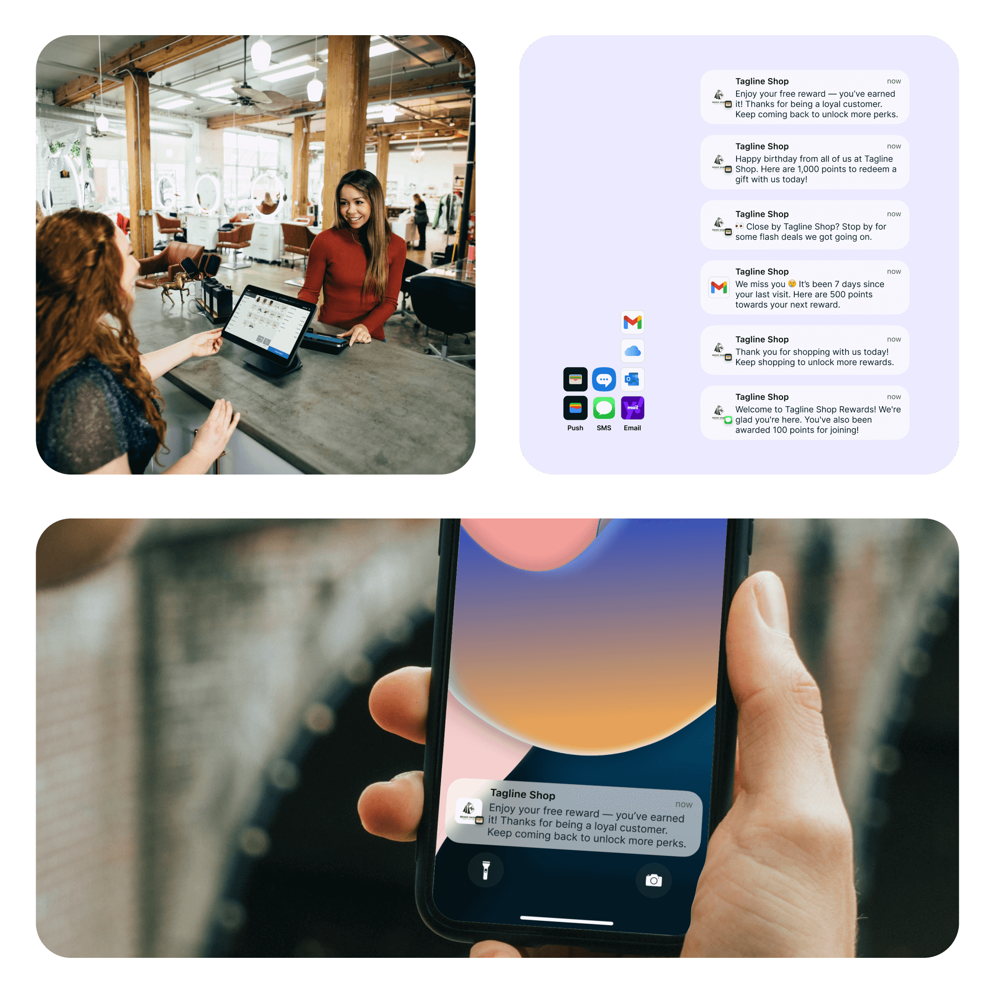 Retail shoppers receiving Worthify loyalty notifications and personalized offers through SMS, email, and wallet push messages.