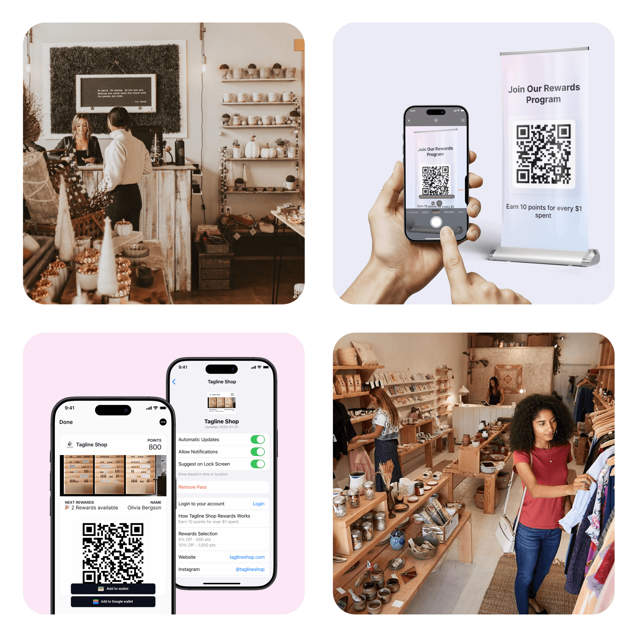 Worthify digital loyalty tools for retail stores with QR code sign-up, branded wallet passes, and flexible rewards replacing outdated stamp cards.