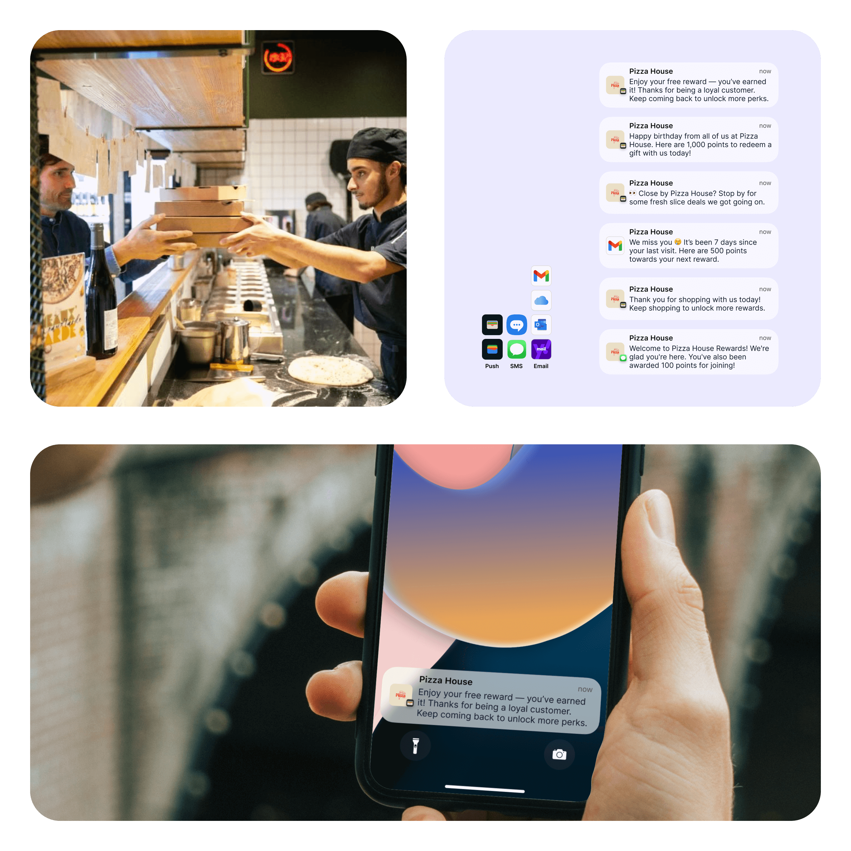 Pizzeria customers receiving Worthify loyalty notifications and personalized offers through SMS, email, and wallet push messages.
