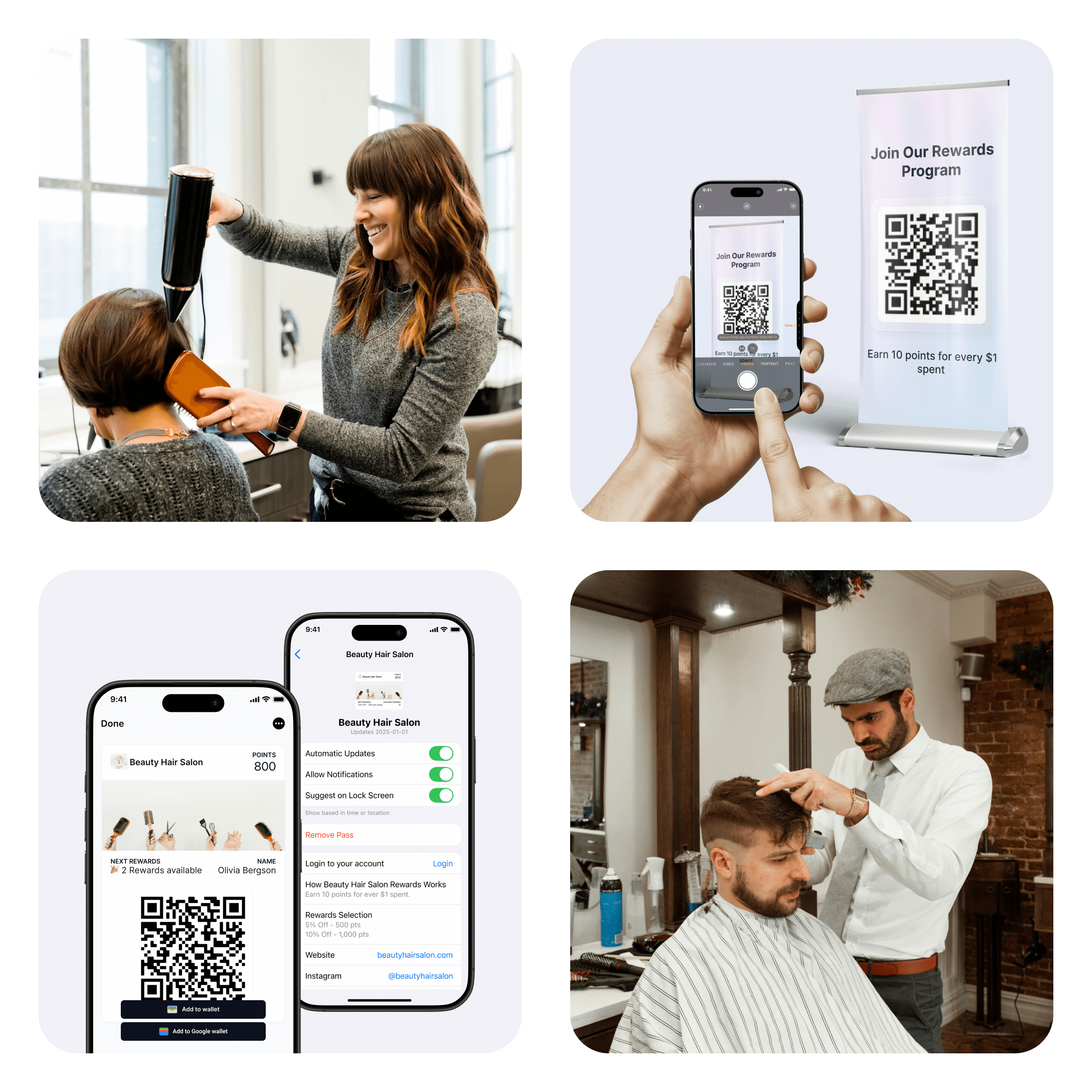 Worthify digital loyalty tools for salons and barbers with QR code sign-up, branded wallet passes, and flexible rewards replacing outdated punch cards.