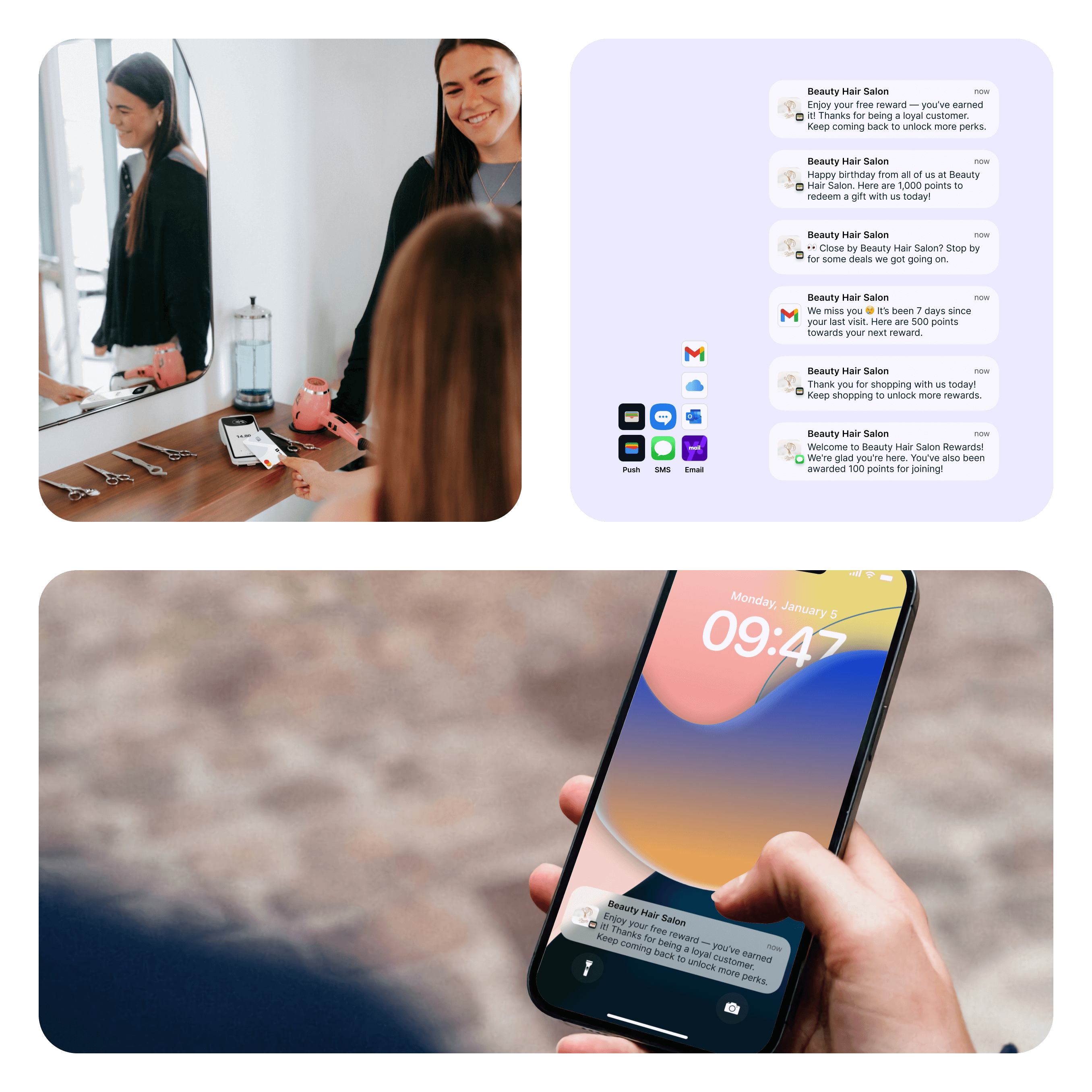 Salon and barber clients receiving Worthify loyalty notifications and personalized offers through SMS, email, and wallet push messages.