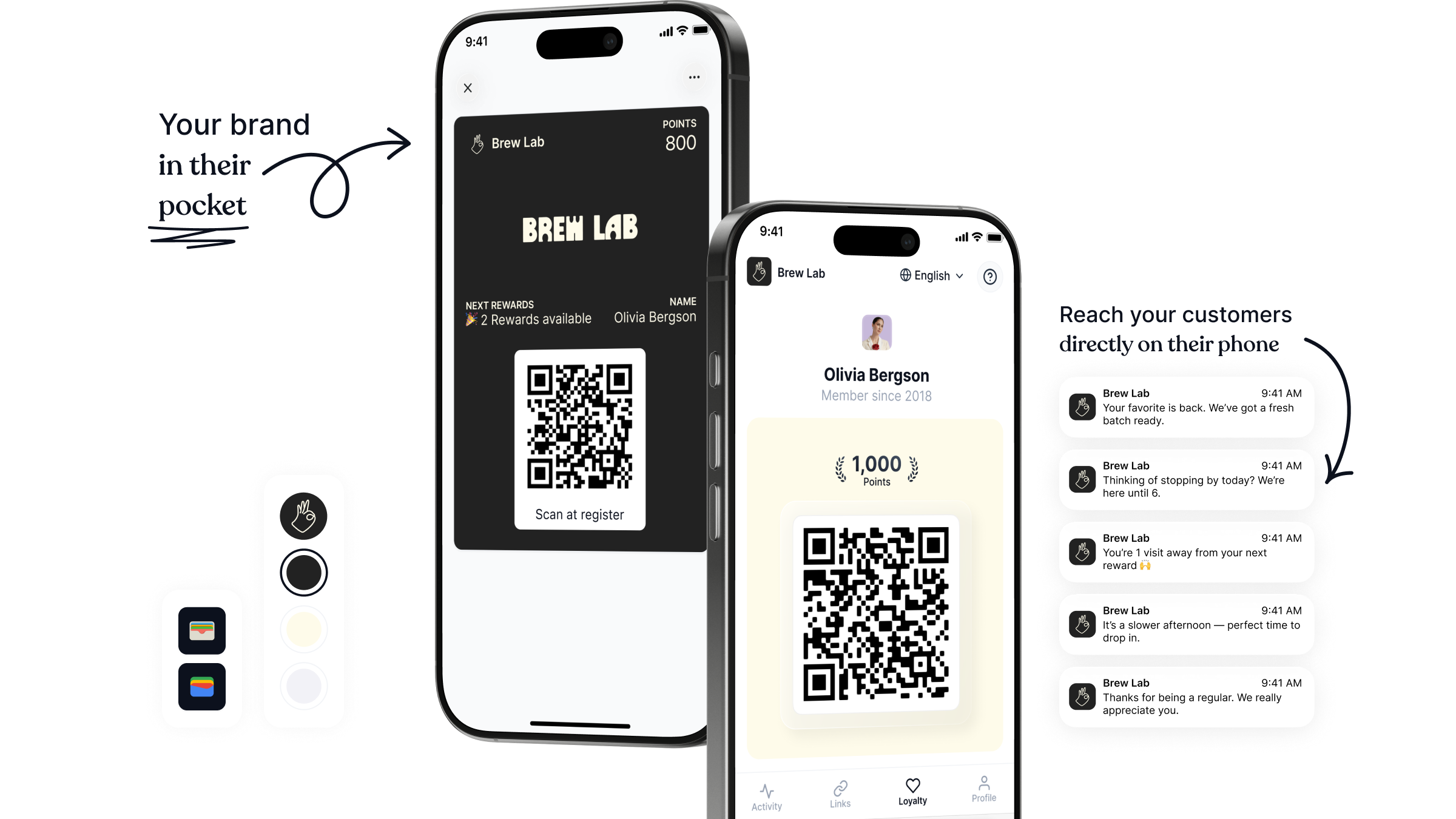 A digital wallet pass for a shop displayed on a smartphone, showing customer rewards, QR code check-in, and branded push notifications used to drive repeat visits and direct customer engagement.
