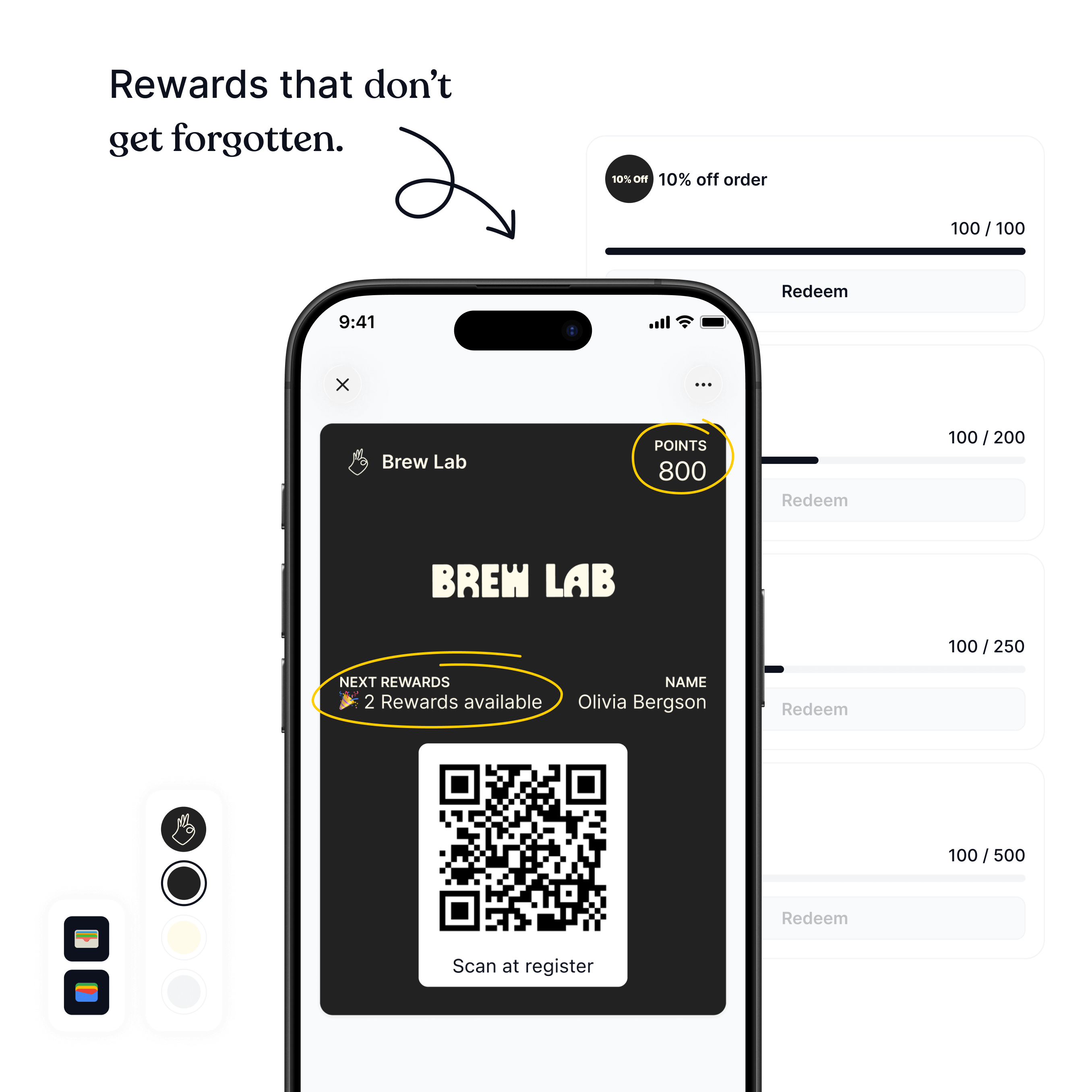 Digital wallet rewards program showing a branded customer pass with points balance, available rewards, and QR code for in-store scanning.