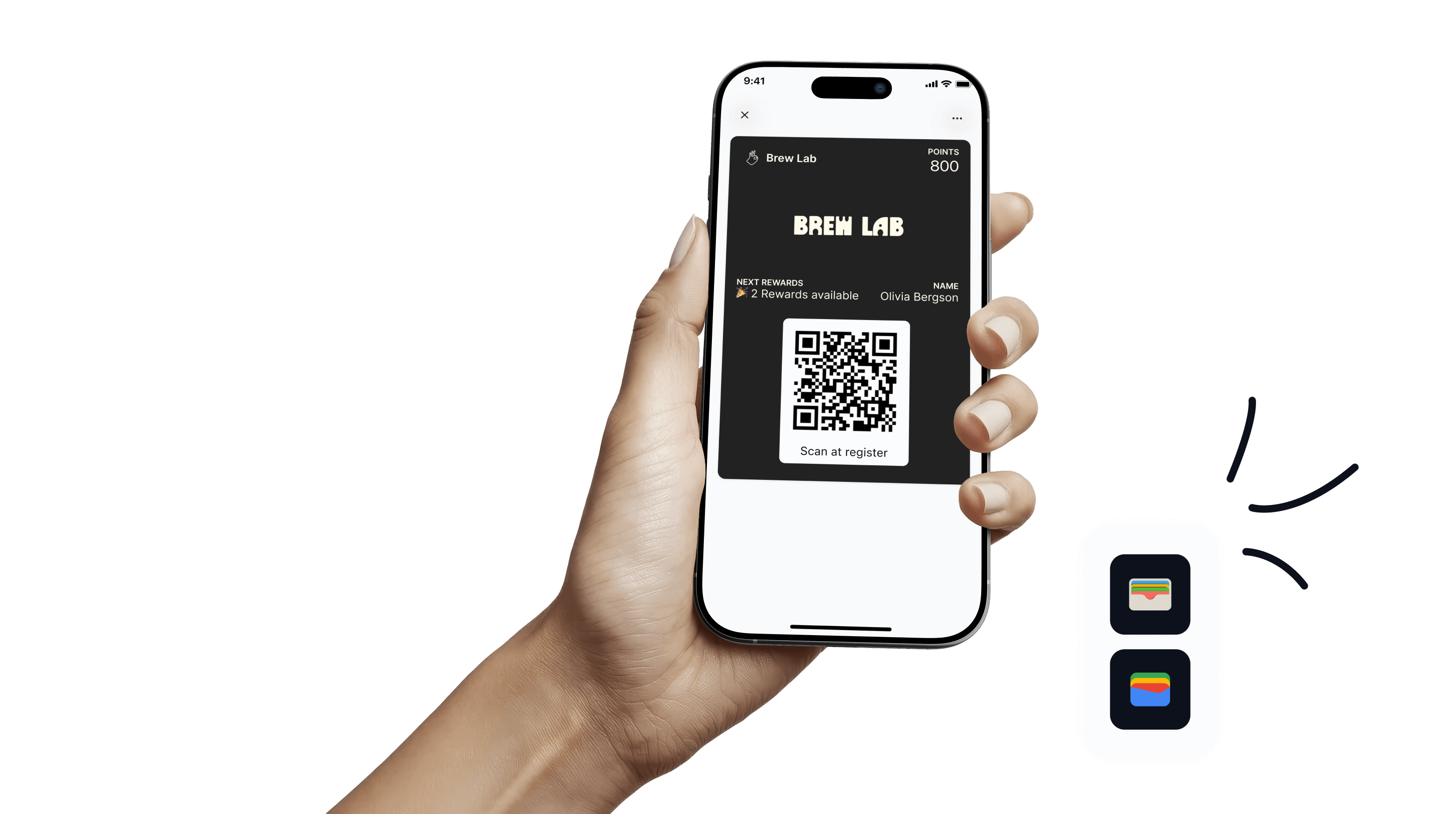 Customer viewing a digital rewards pass saved to their phone, showing points balance and next available rewards without using a separate app.