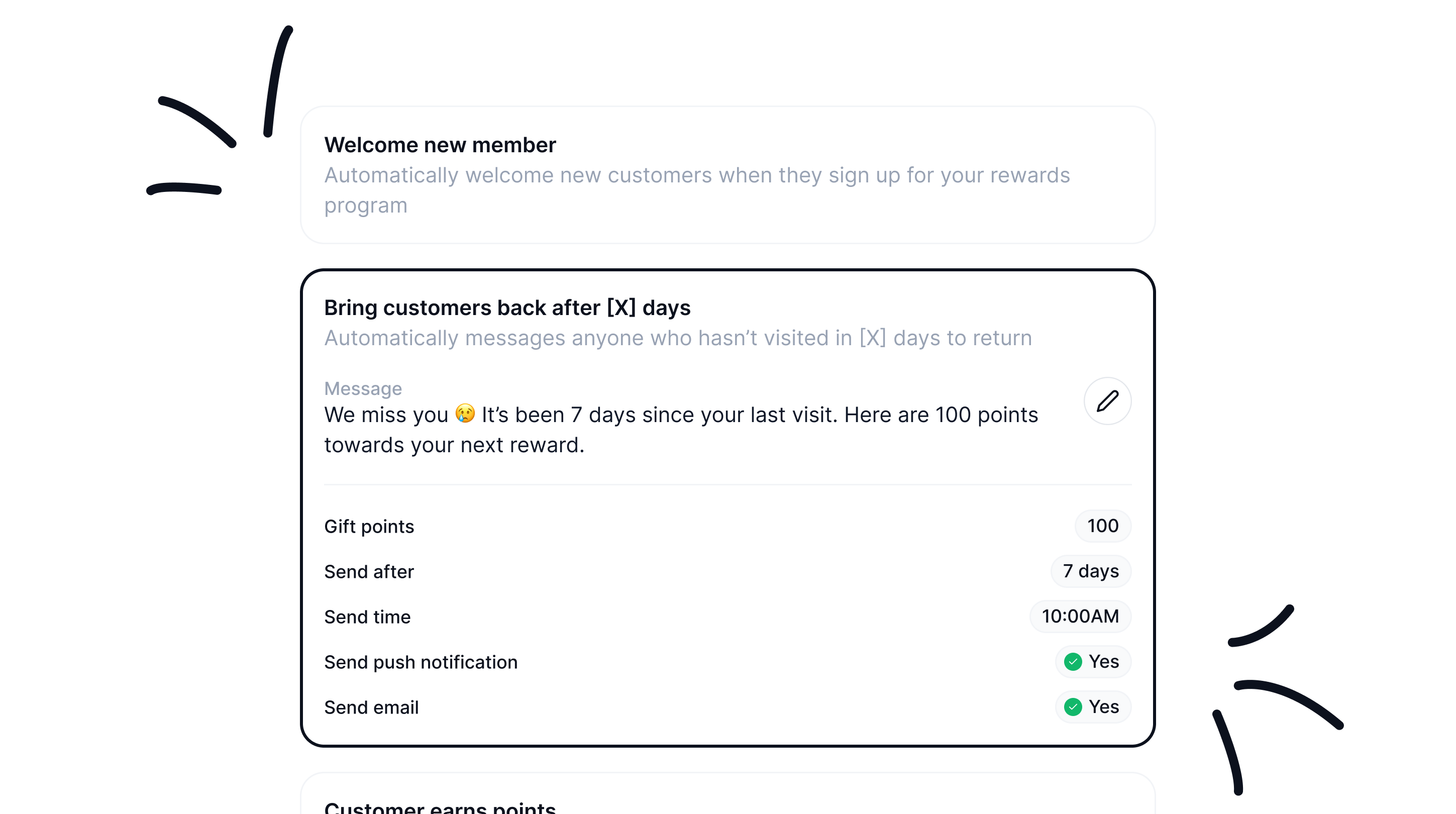 Rewards program automation dashboard showing post-visit thank-you messages, return reminders, and birthday rewards sent automatically to customers.