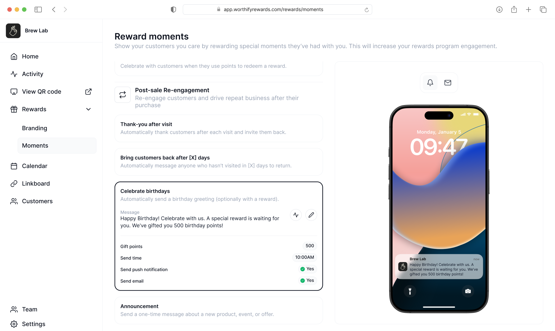 Lock-screen notification showing a customer happy birthday message sent through a digital wallet rewards program.
