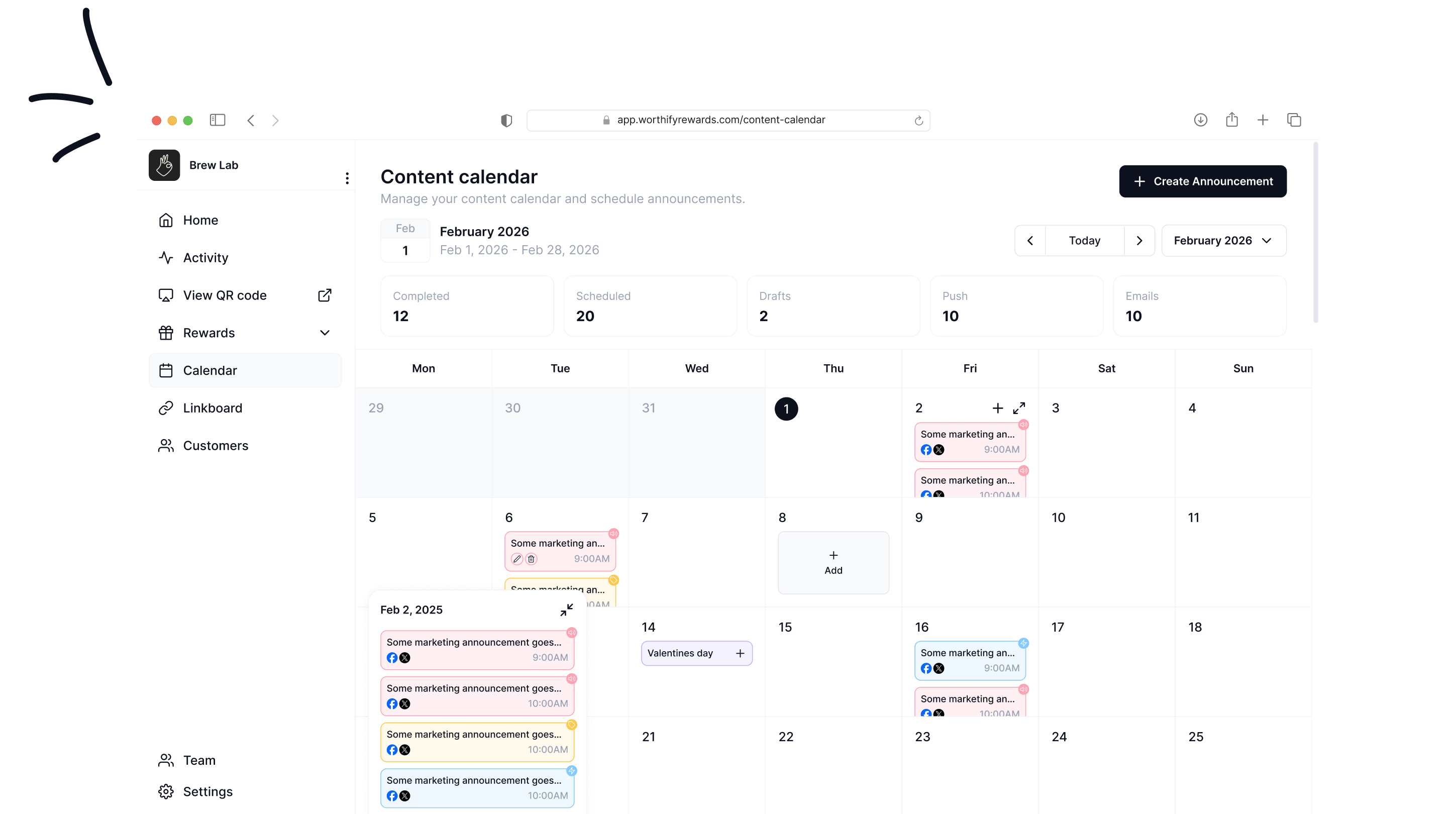 Content calendar for scheduling wallet push notifications and announcements sent instantly to customers’ phones