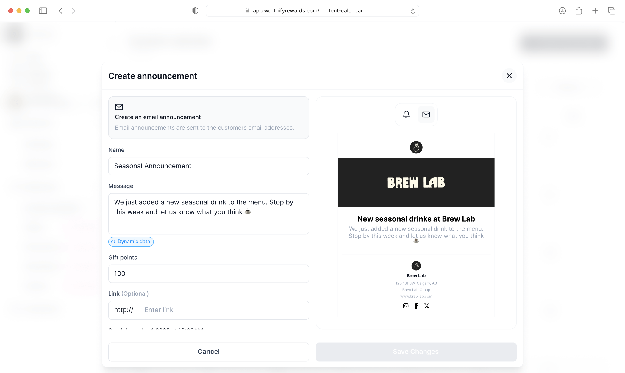 Interface for creating an email announcement with message preview and optional reward incentive