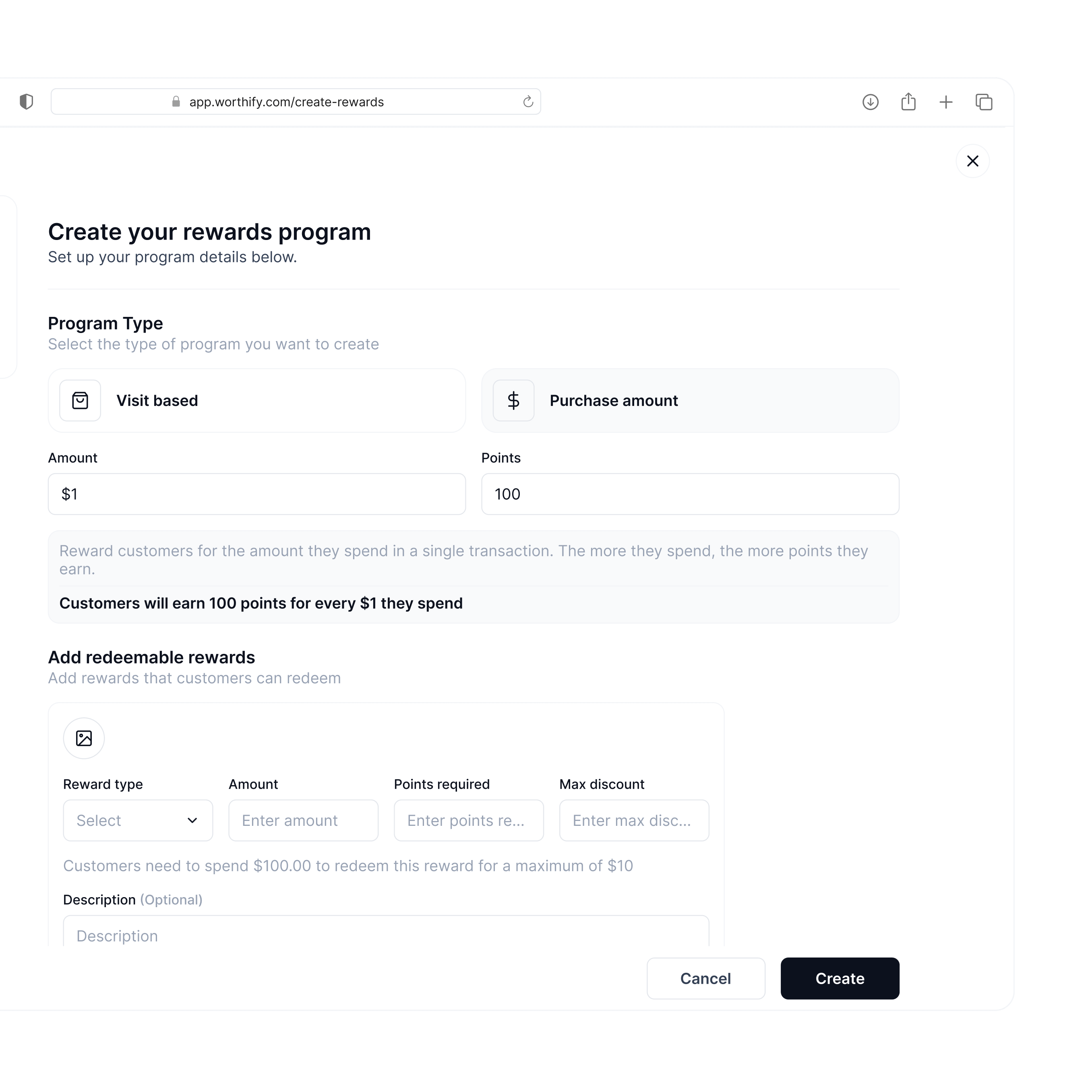Rewards program setup screen showing flexible reward rules based on visits or purchase amount, with adjustable points and redemption options.