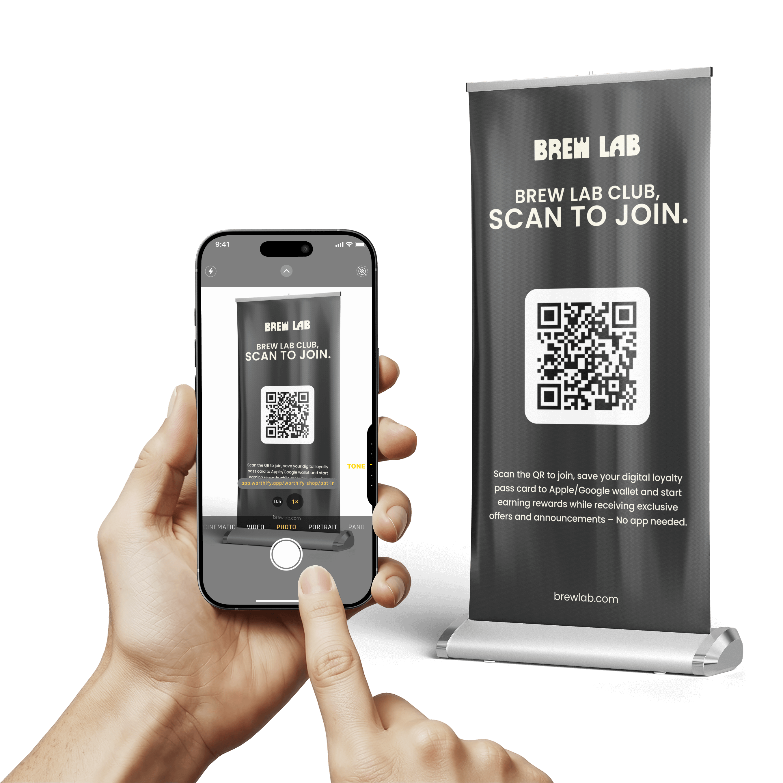 Customer joining a digital rewards program by scanning a QR code poster, instantly saving the business to their phone.