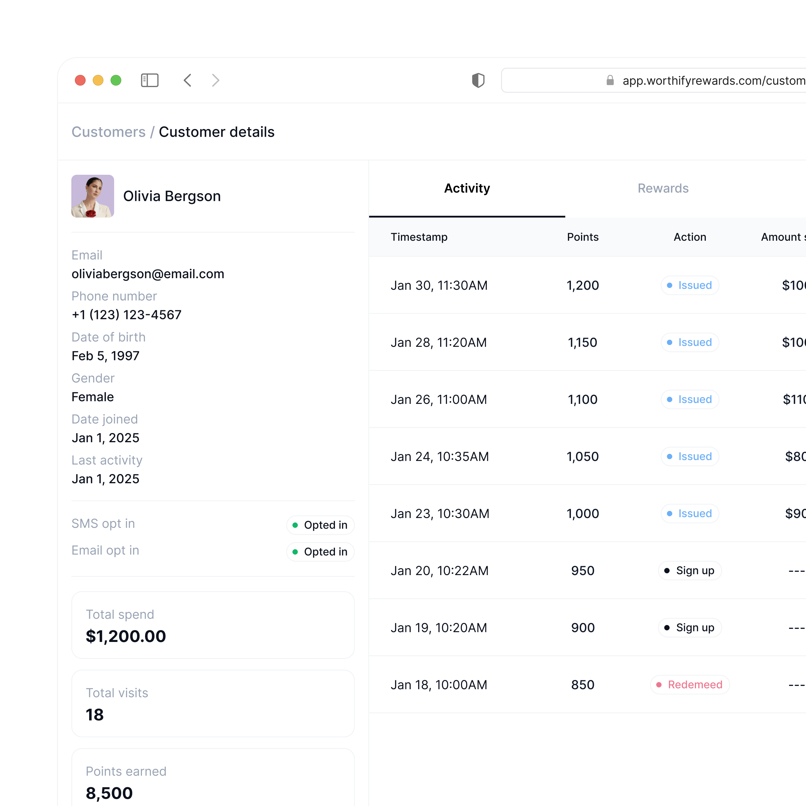 Detailed customer profile showing visit frequency, total spend, and rewards activity tied to a wallet pass