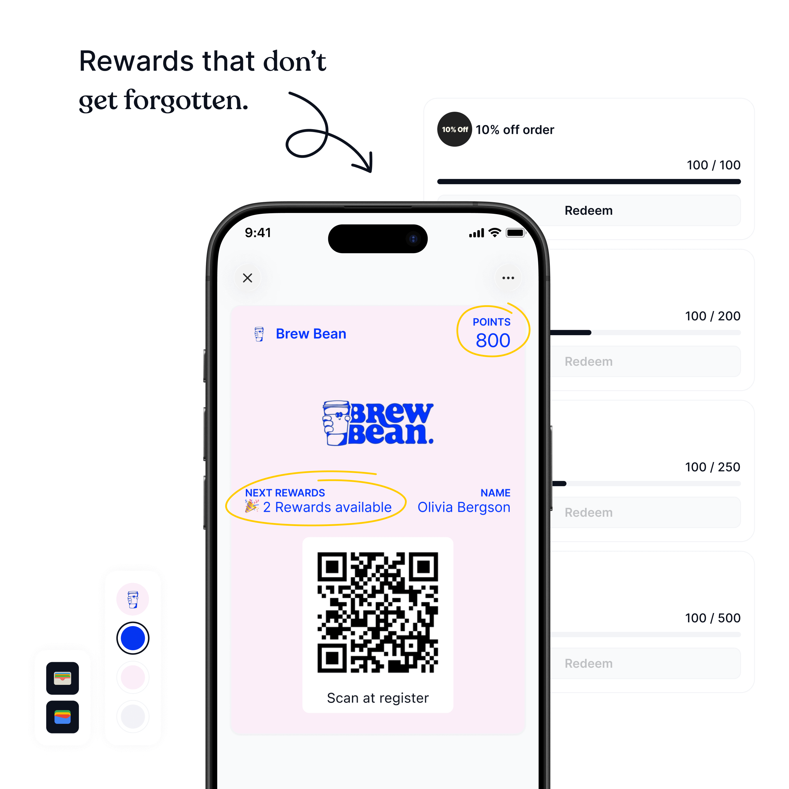 Café rewards program displayed inside a digital wallet pass with points and visit tracking