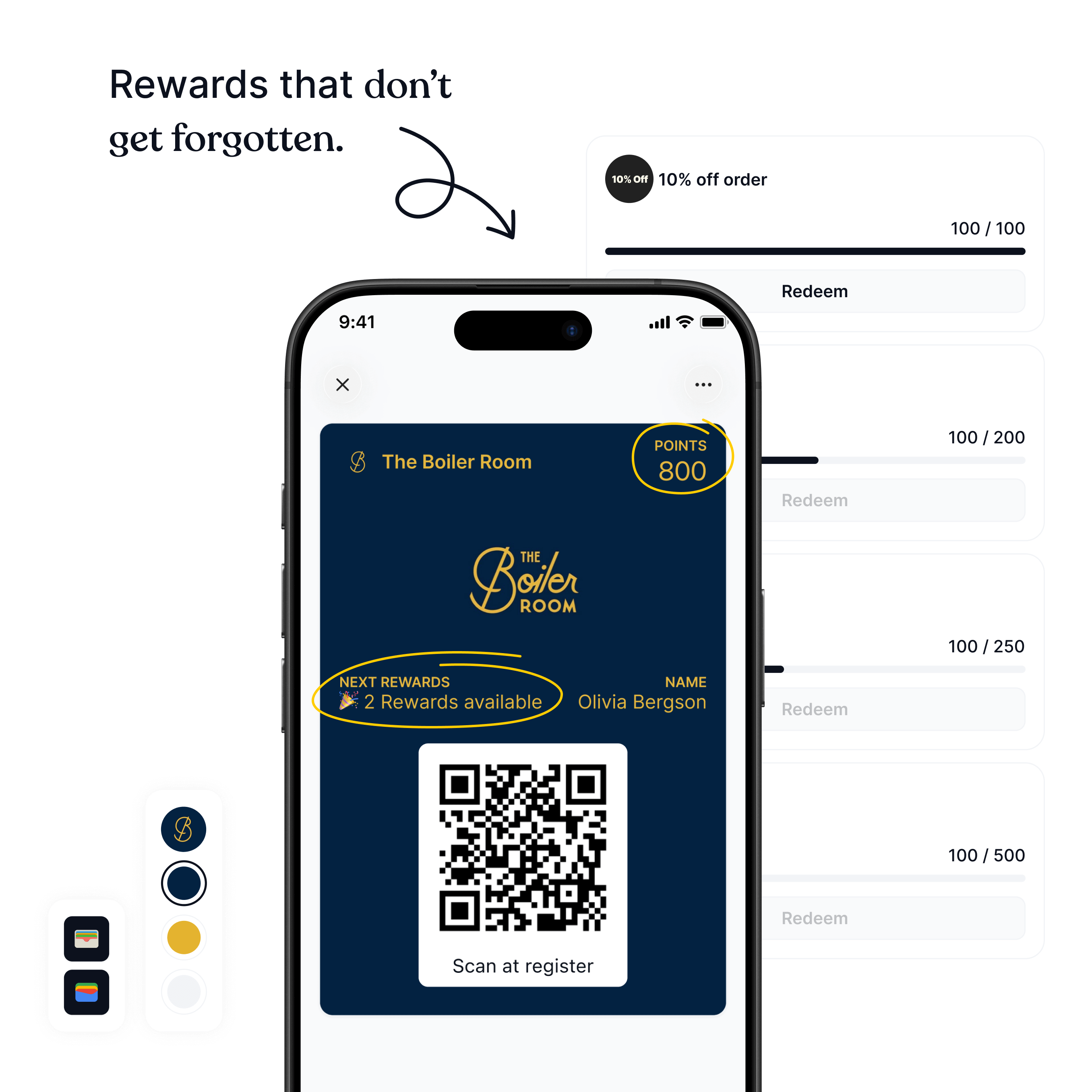 Digital rewards program for restaurants displayed inside a wallet pass