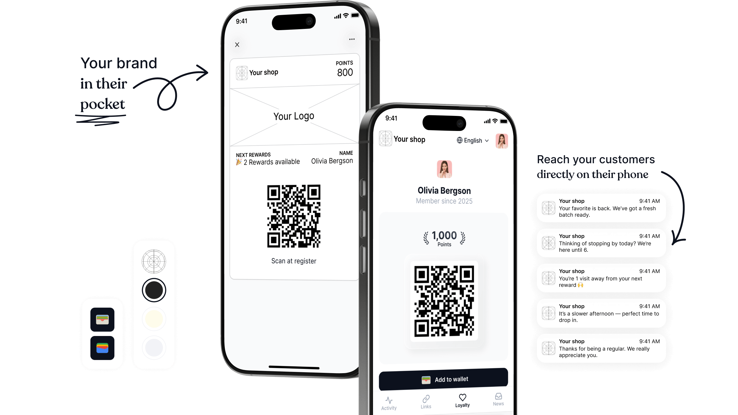 A digital wallet pass saved on a customer’s phone, enabling a business to send direct updates, announcements, and reasons to return without apps or ads.