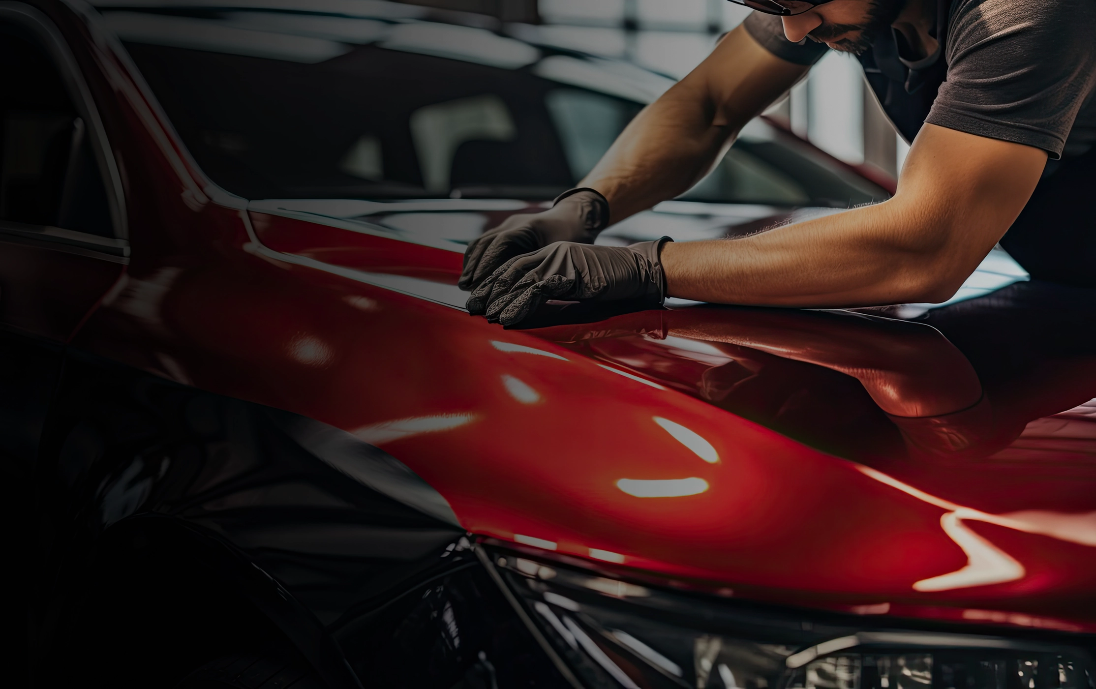 A red car having body work finalized.
