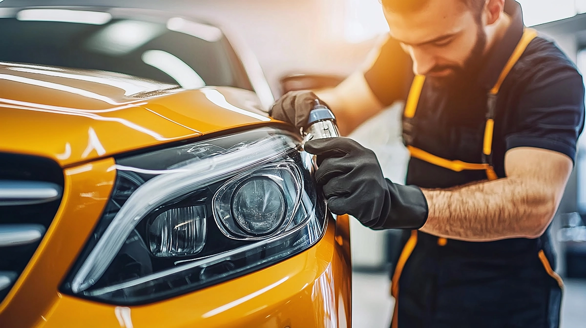 A technician restoring a headlight