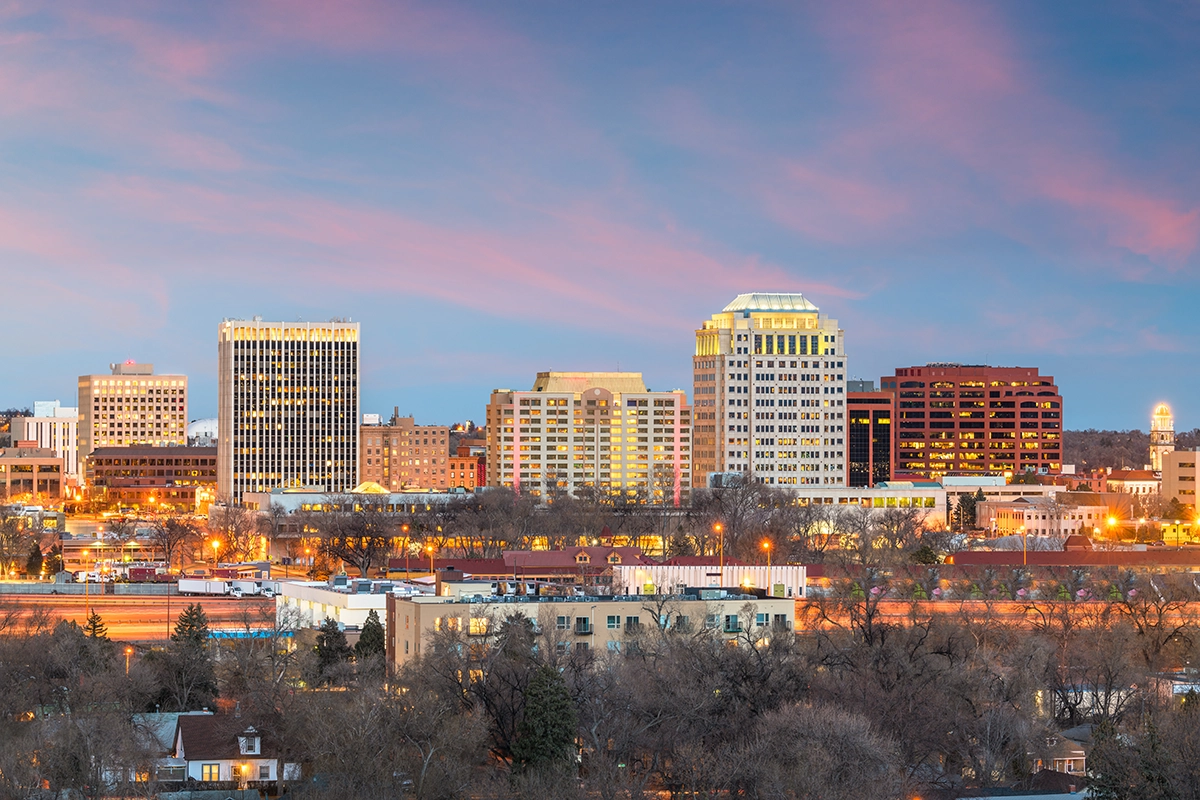 Beautiful downtown Colorado Springs, Colorado at sunset.