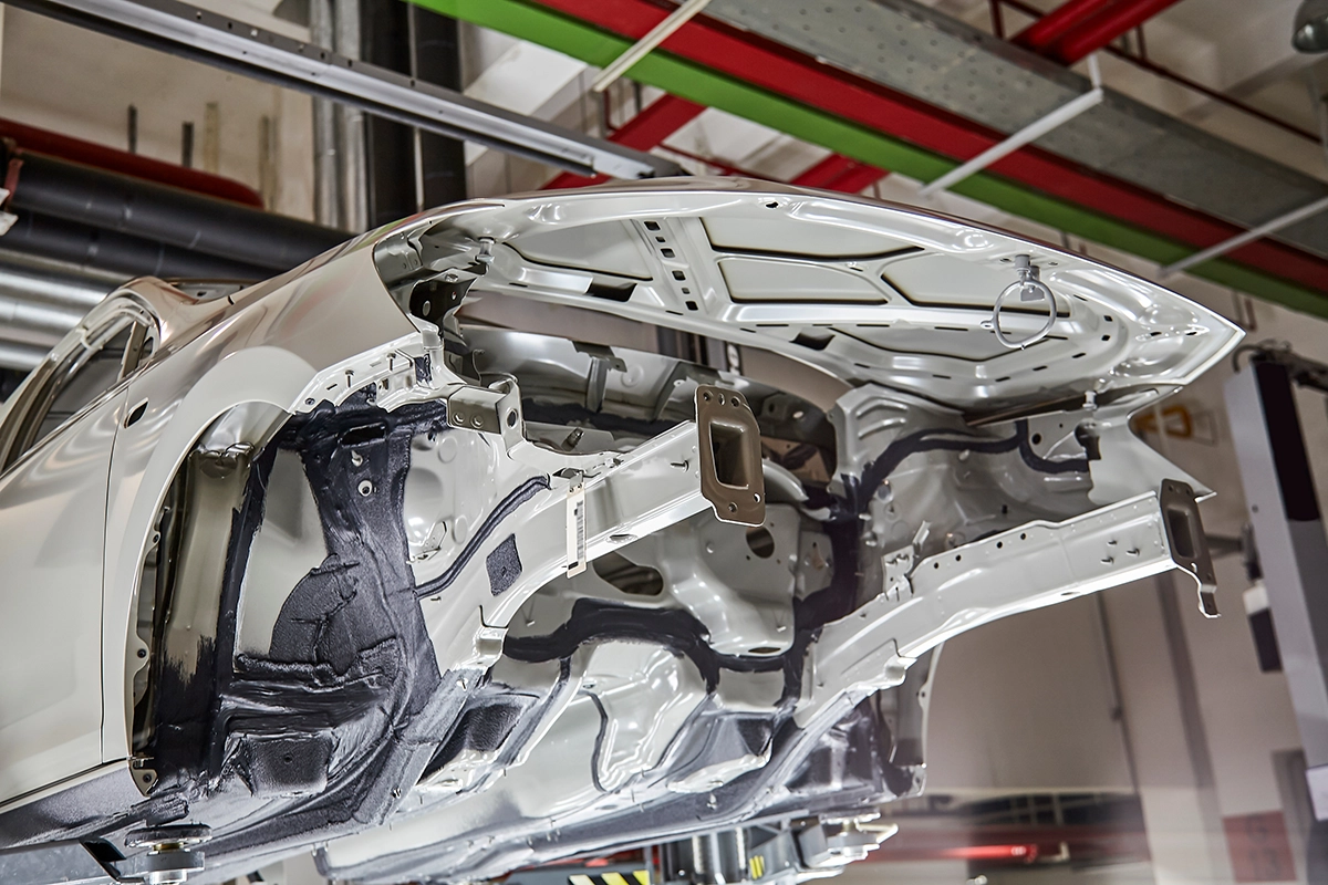 An exposed auto frame.