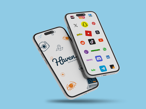 Two smartphones floating on a blue background; one screen shows the Haven Online Safety logo with icons, the other displays various social media app icons including Snapchat, TikTok, YouTube, Reddit, Discord, and LinkedIn.