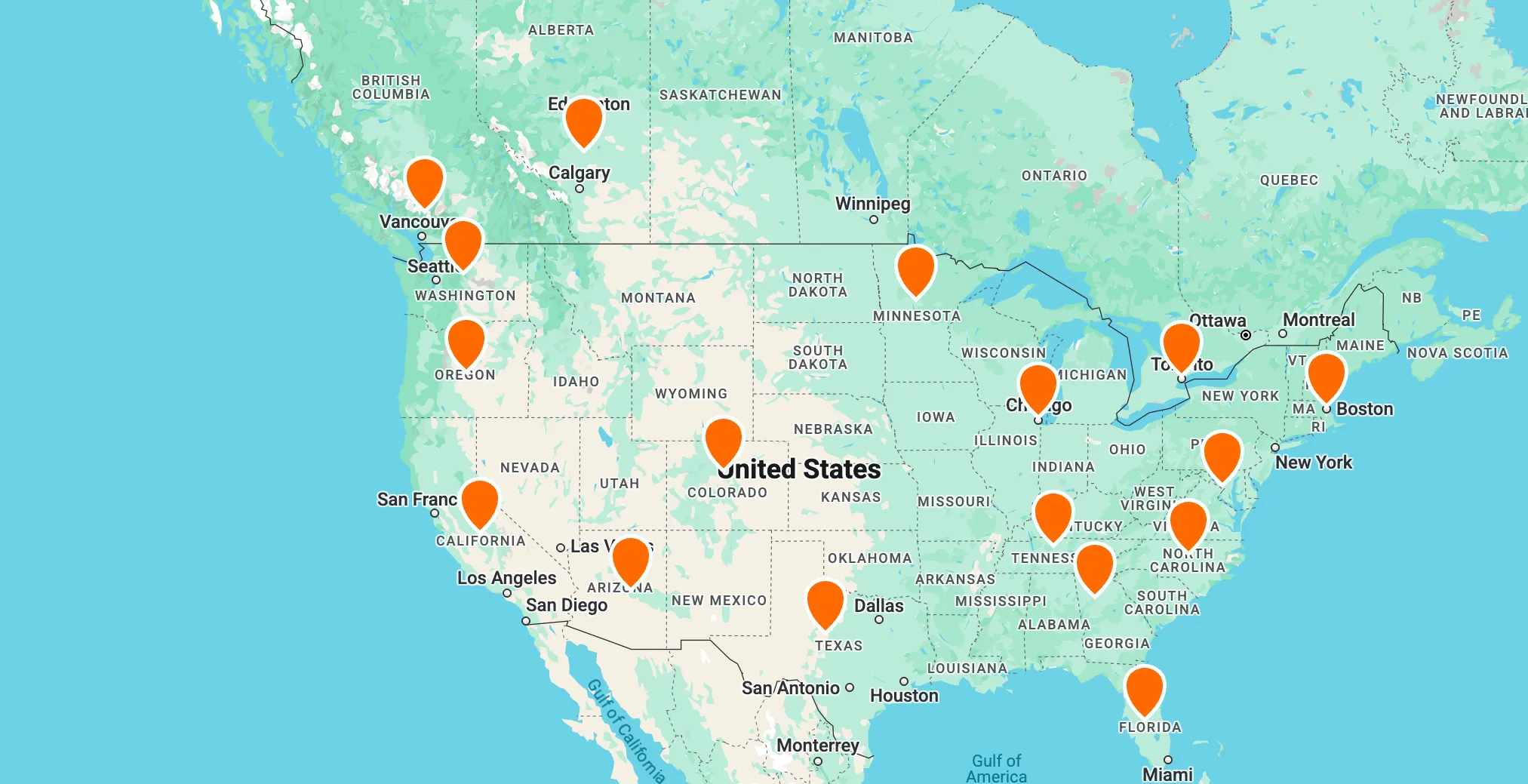 A map of services areas where Franchise Flow works