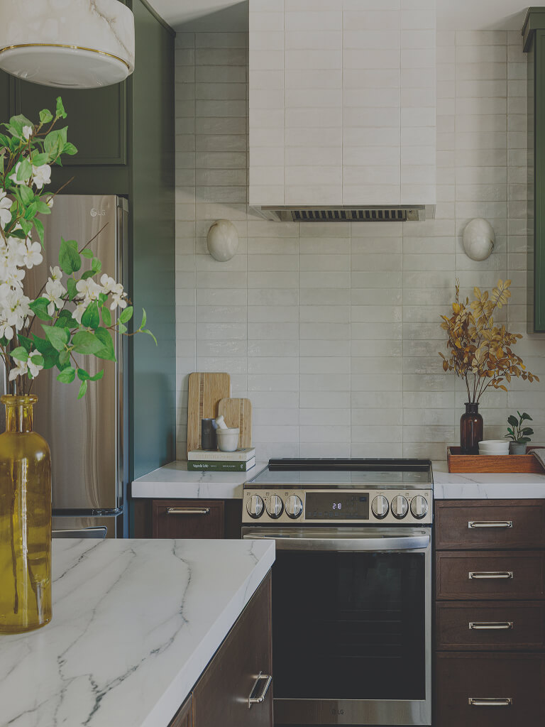Shenandoah Cabinetry brochure featuring a modern kitchen with green cabinets, a brass faucet, and on-trend nature-inspired designs.