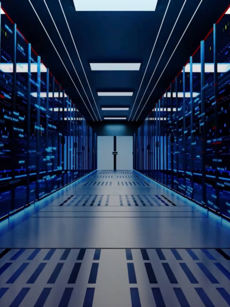 A hallway in a data center lined with glowing blue server racks on both sides.