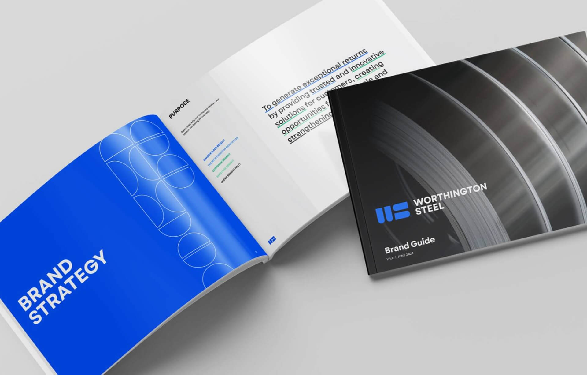 Open Worthington Steel brand guide next to closed Worthington Steel brand guide featuring steel coil image on the cover.