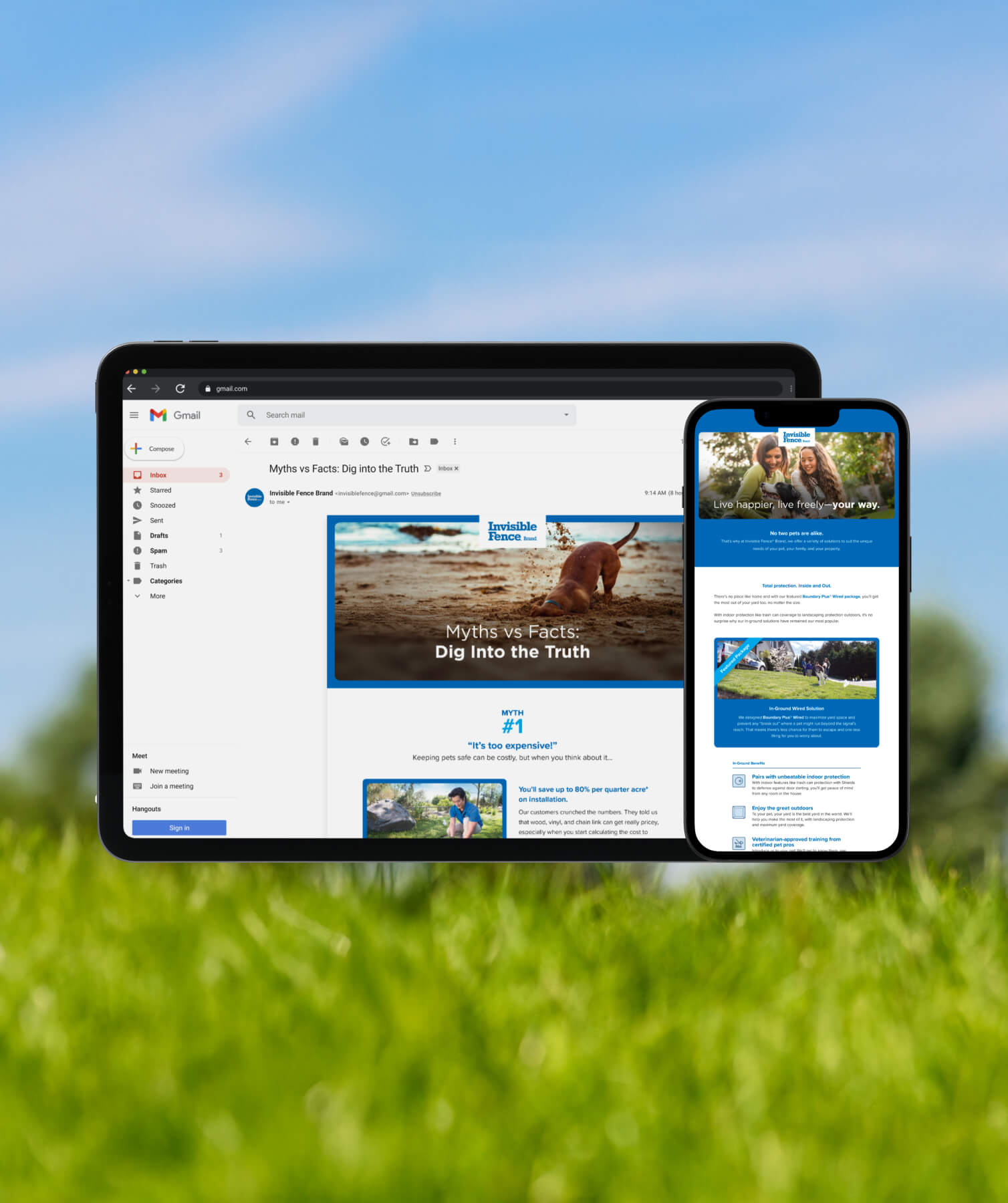 Tablet and smartphone displaying Invisible Fence Brand email content; tablet shows email inbox with a message titled 'Myths vs Facts: Dig Into the Truth,' smartphone shows an email about pet protection solutions with two women and a dog at the top.