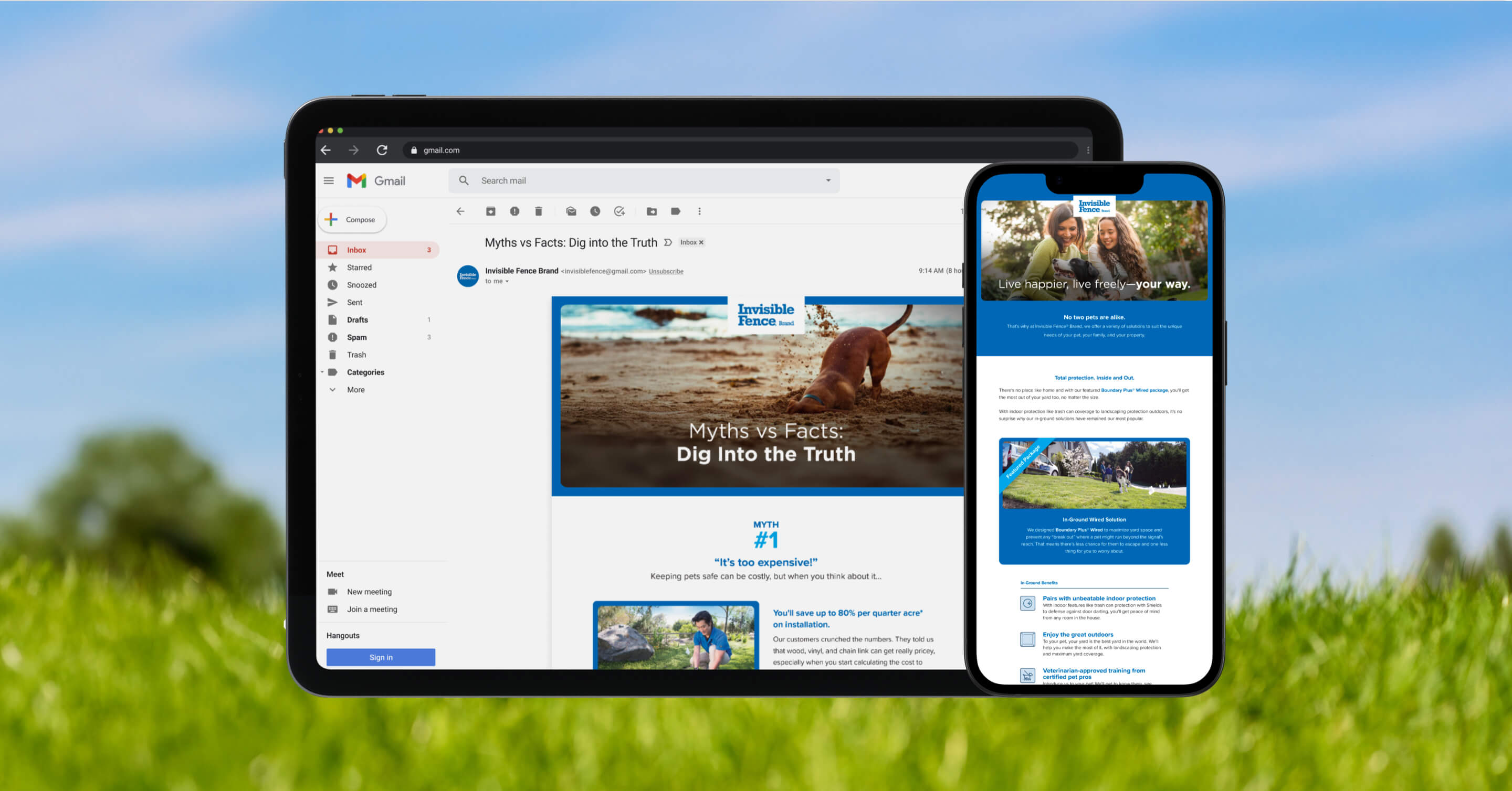 Tablet and smartphone displaying Invisible Fence Brand email content; tablet shows email inbox with a message titled 'Myths vs Facts: Dig Into the Truth,' smartphone shows an email about pet protection solutions with two women and a dog at the top.