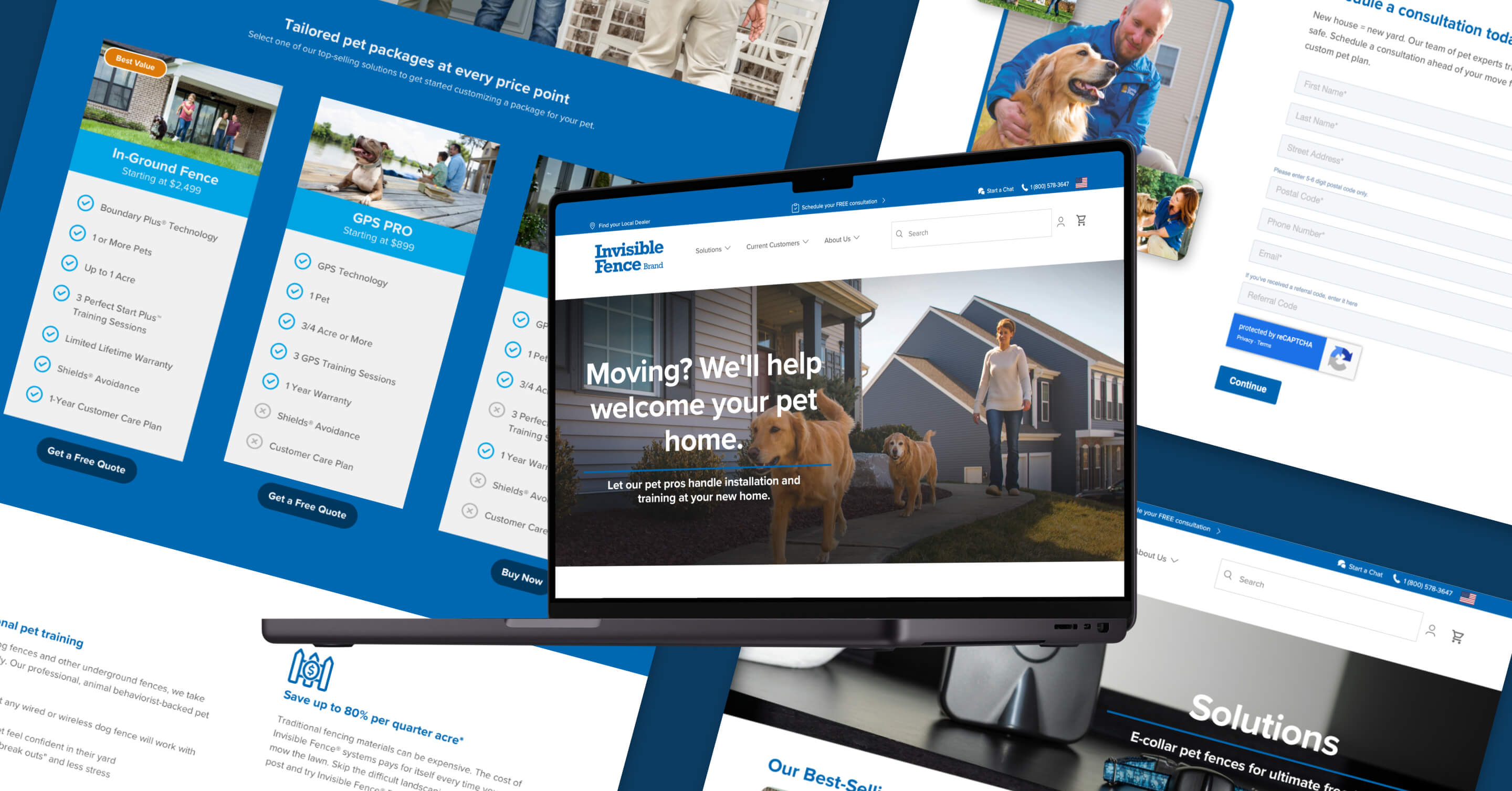 Laptop displaying the Invisible Fence website homepage with a woman walking two golden retrievers in front of houses, and surrounding webpage sections show tailored pet packages, consultation form, and pet fence solutions.