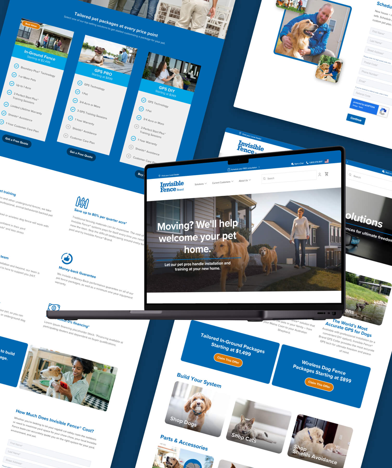 Laptop displaying the Invisible Fence website homepage with a woman walking two golden retrievers in front of houses, and surrounding webpage sections show tailored pet packages, consultation form, and pet fence solutions.