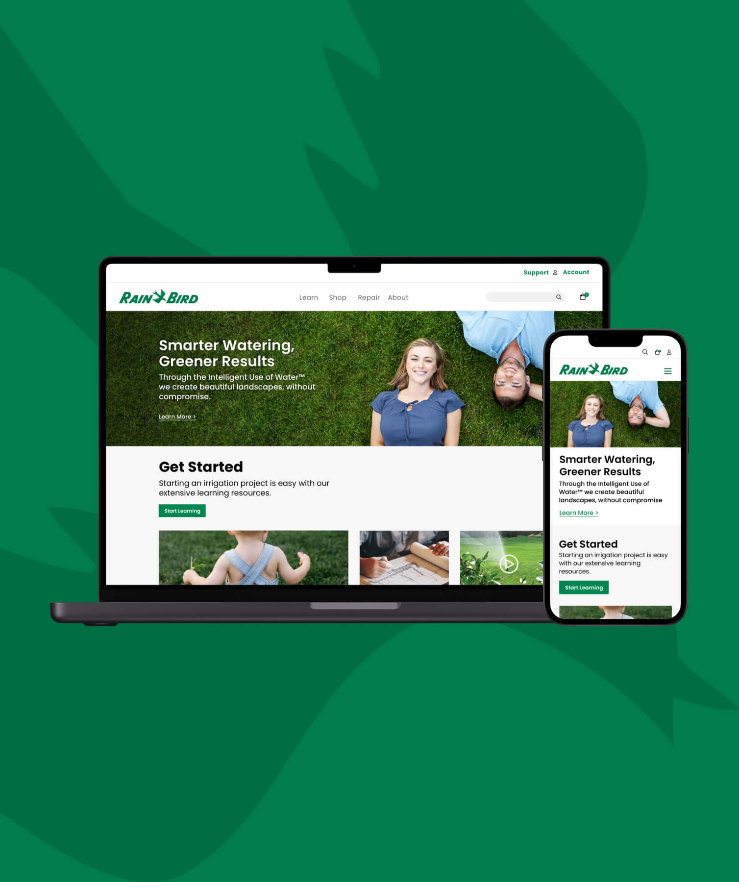 Website homepage for Rain Bird displayed on laptop, tablet, and smartphone screen.