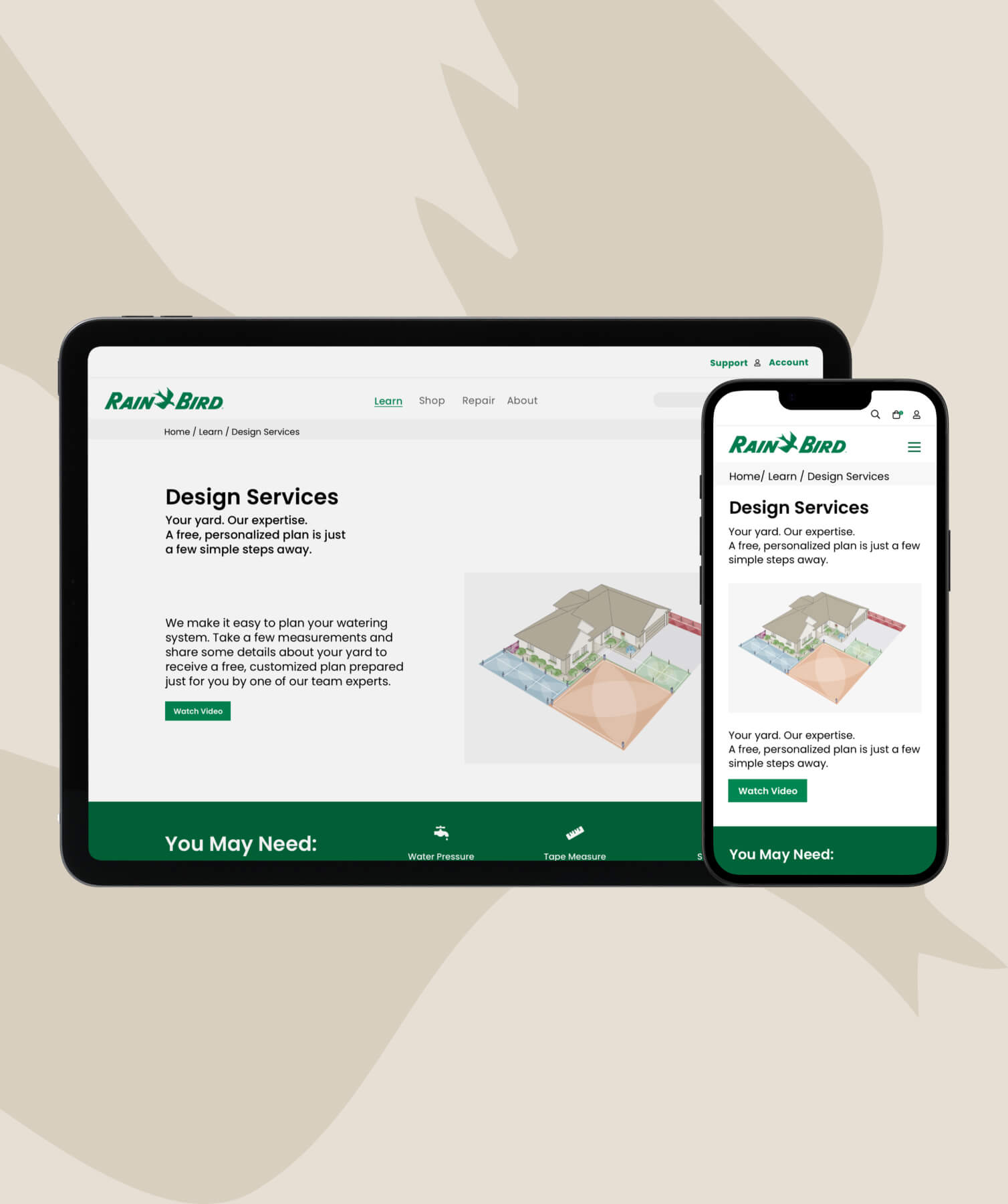 Tablet and smartphone screens showing the Rain Bird Design Services webpage.