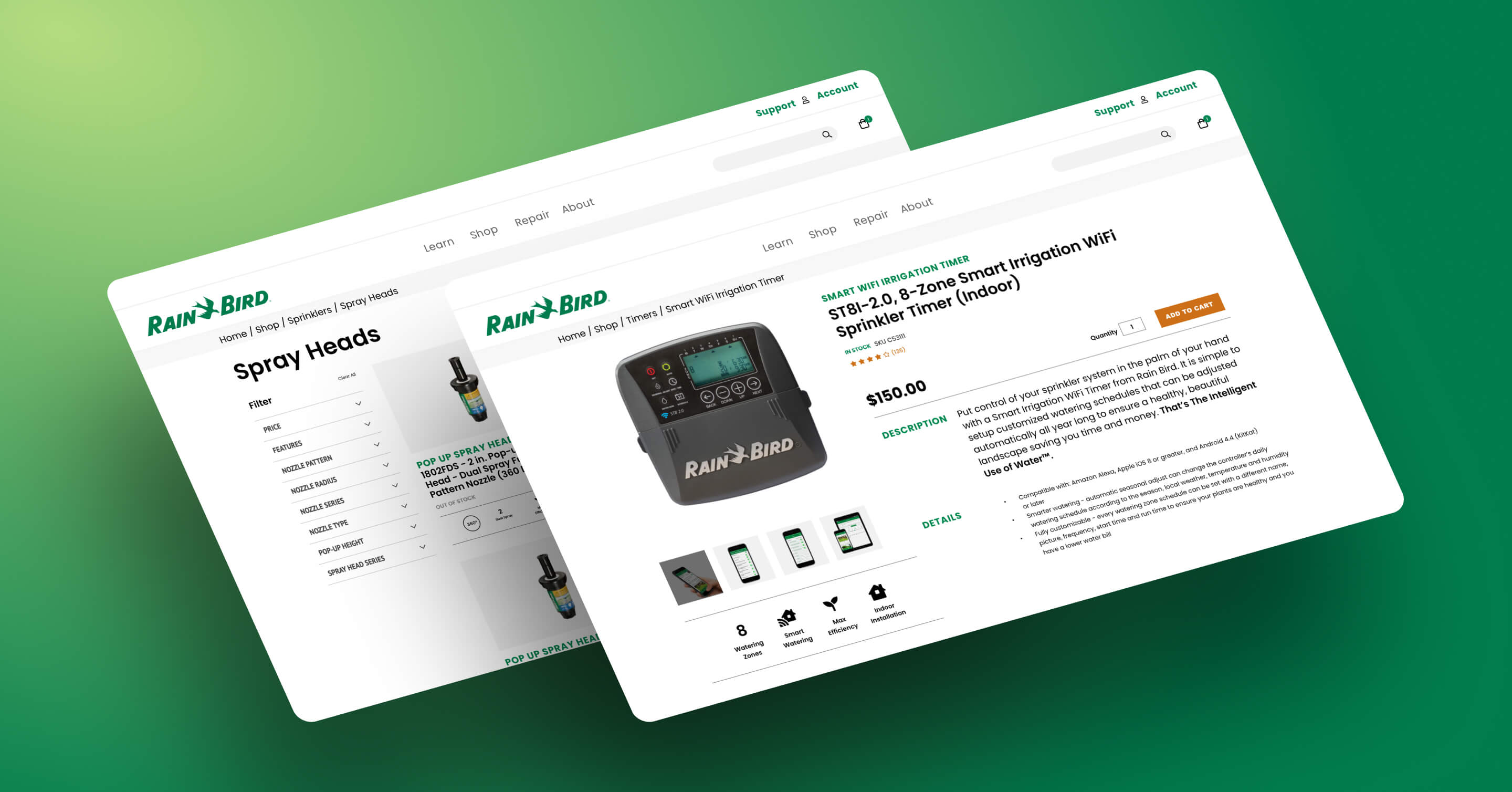 Two overlapping Rain Bird website screens on a green gradient background, showing a product page for Spray Heads with filter options and a product detail page.