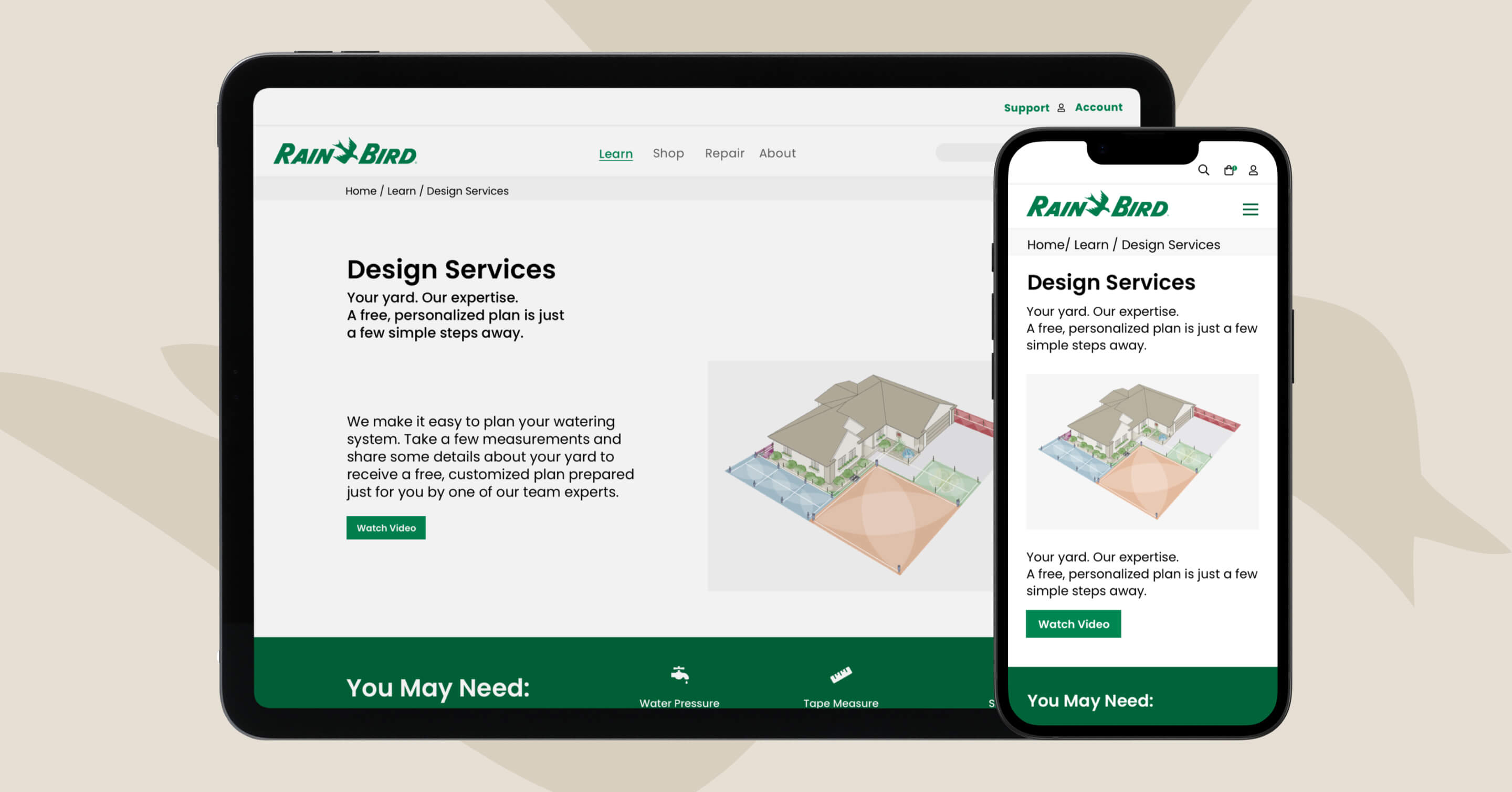 Tablet and smartphone screens showing the Rain Bird Design Services webpage.